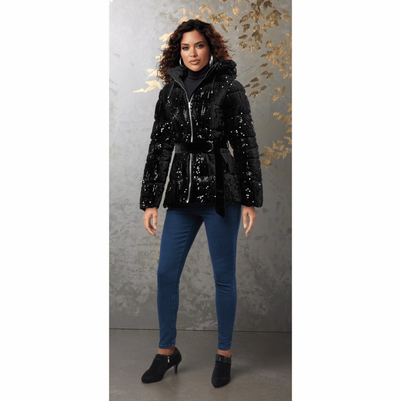 Crystal Women's Velour Puffer Jacket with Sequins - MIDNIGHT VELVET CATALOG