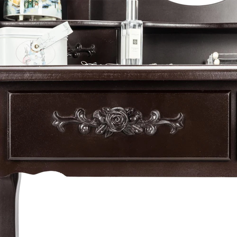 UBesGoo 4 Drawer Vanity Makeup Dressing Table Set w/Stool&Mirror Jewelry Wood Brown - Image 9