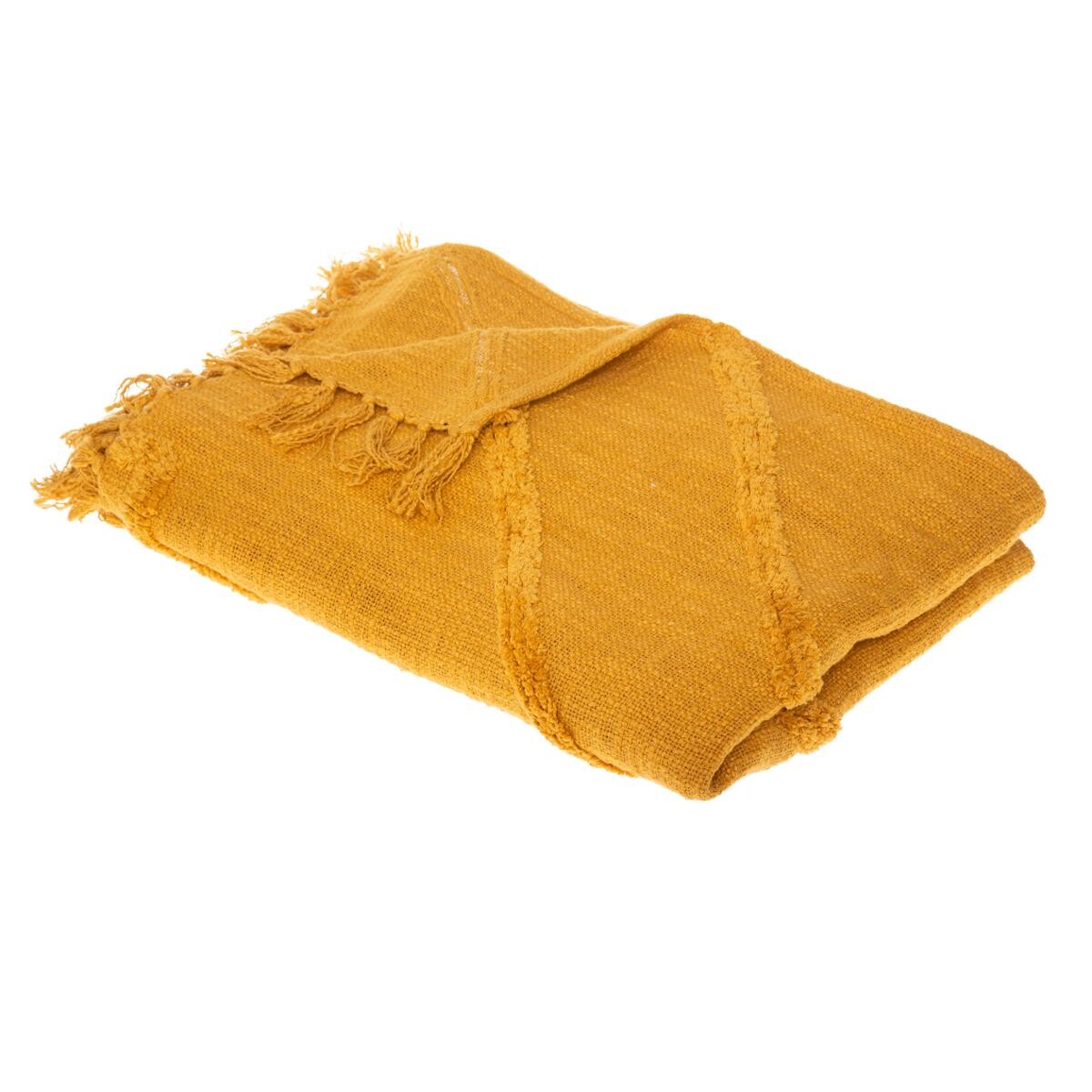Bed throw "Inca", tufted cotton Mustard yellow, 130x180 cm