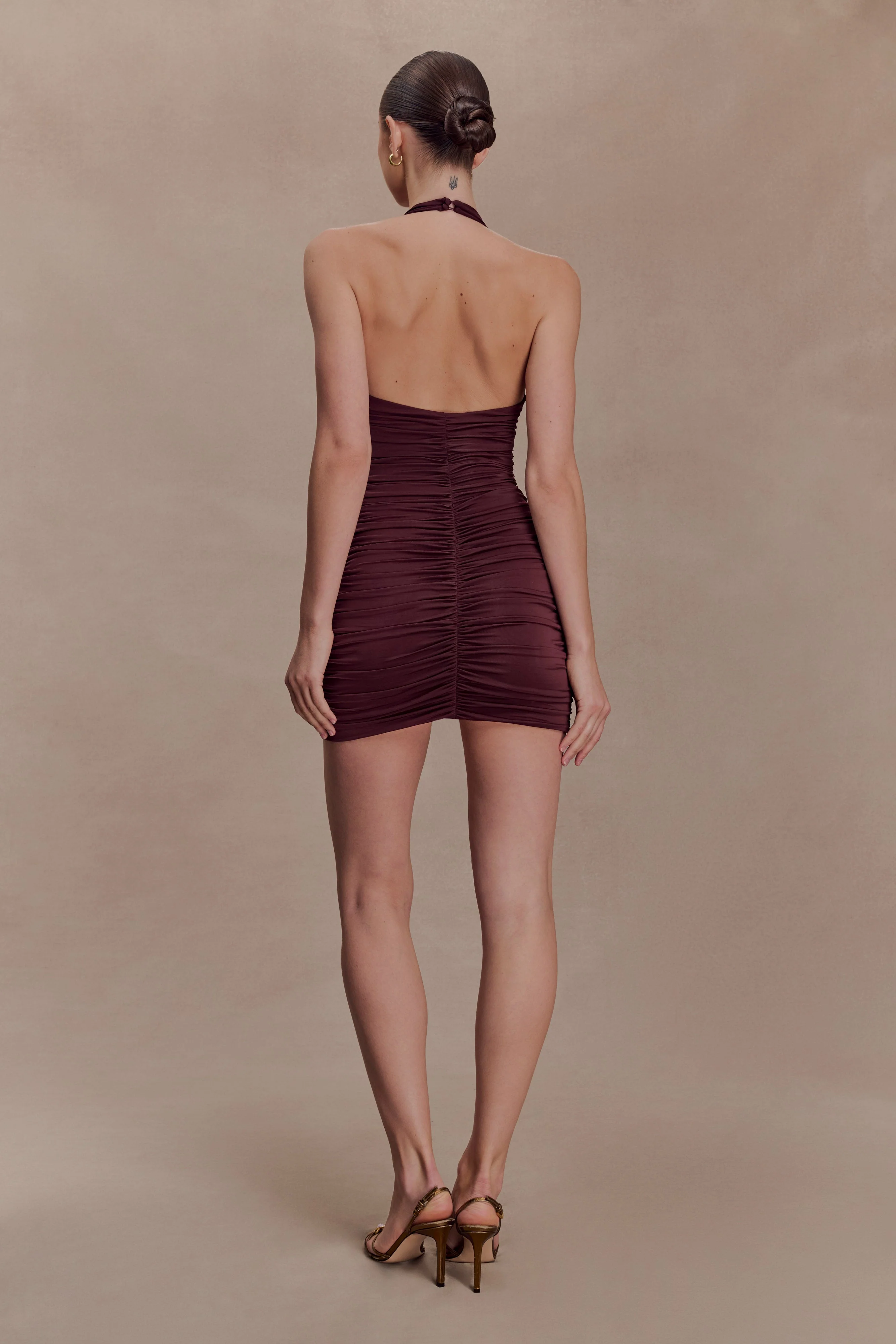 Fleur Ruched Slinky Mini Dress - Mahogany