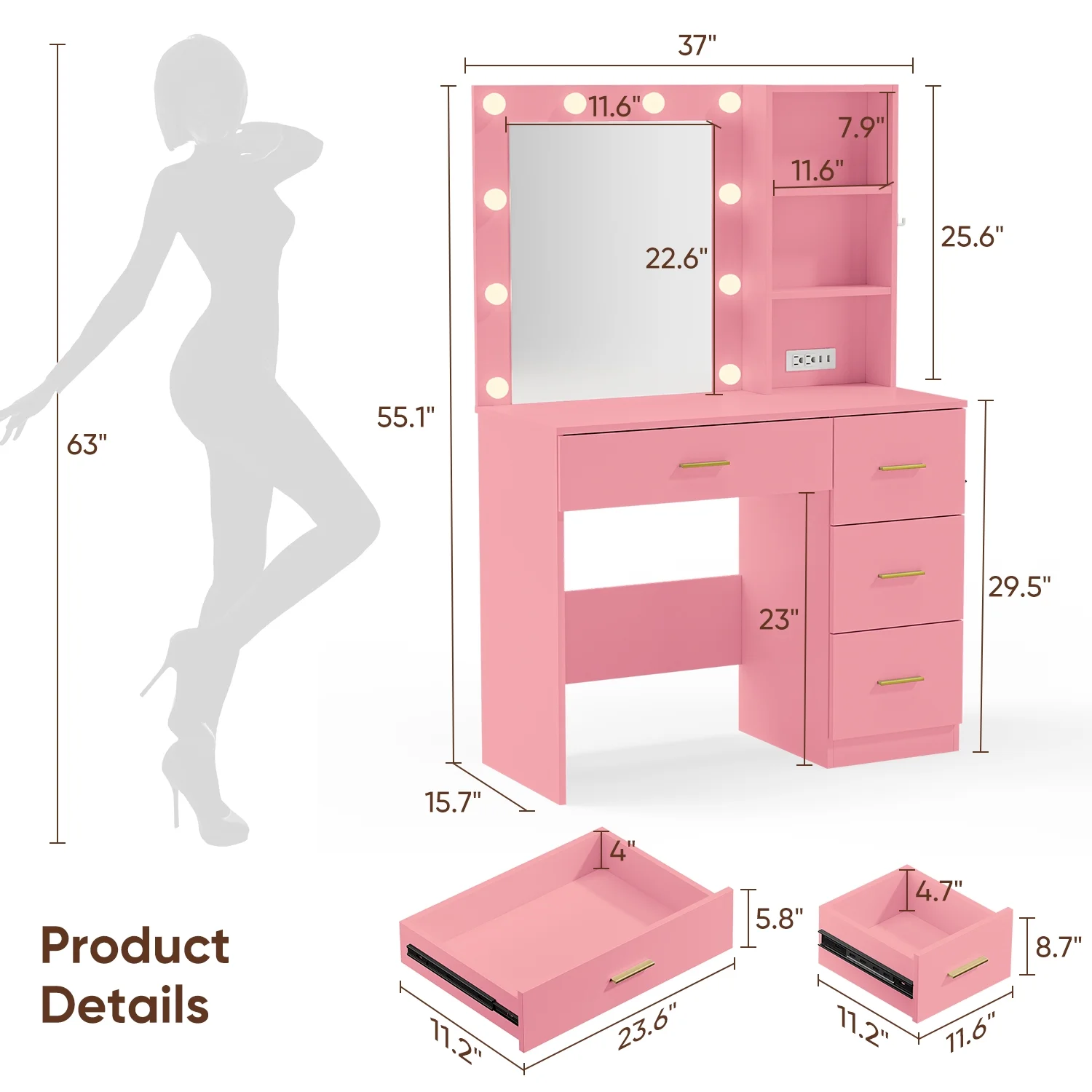 Makeup Vanity with Mirror and 3 Color Lights,Vanity Dressing Table with USB Charging Station,4 Drawers,Open Storage Shelves,White - Image 13