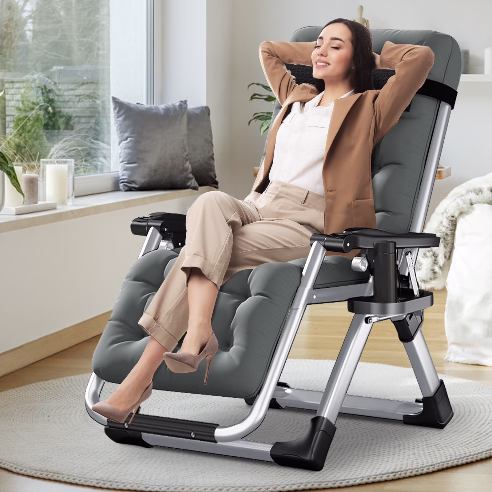 NAIZEA Zero Gravity Chair with Removable Cushion and Cup Holder Black - Image 3