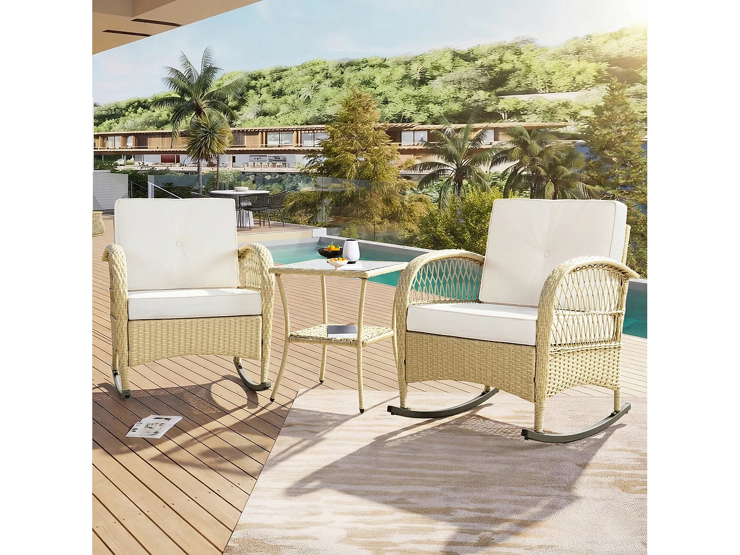 Ensemble de mobilier de balcon en rotin (3 pièces) - 2 fauteuil à bascule avec coussins + 1 table - Métal - beige