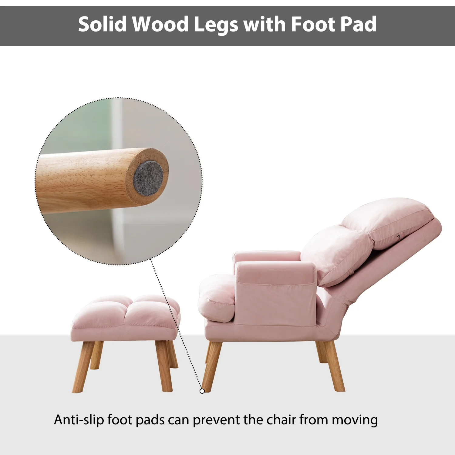Bestier Adjustable Accent Chairs with Ottoman, Velvet Fabric Armchair for Bedroom Living Room, Comfy Lounge Chair with Padded Backrest and Side Pocket, Soft Reading Chair, Beige - Image 12