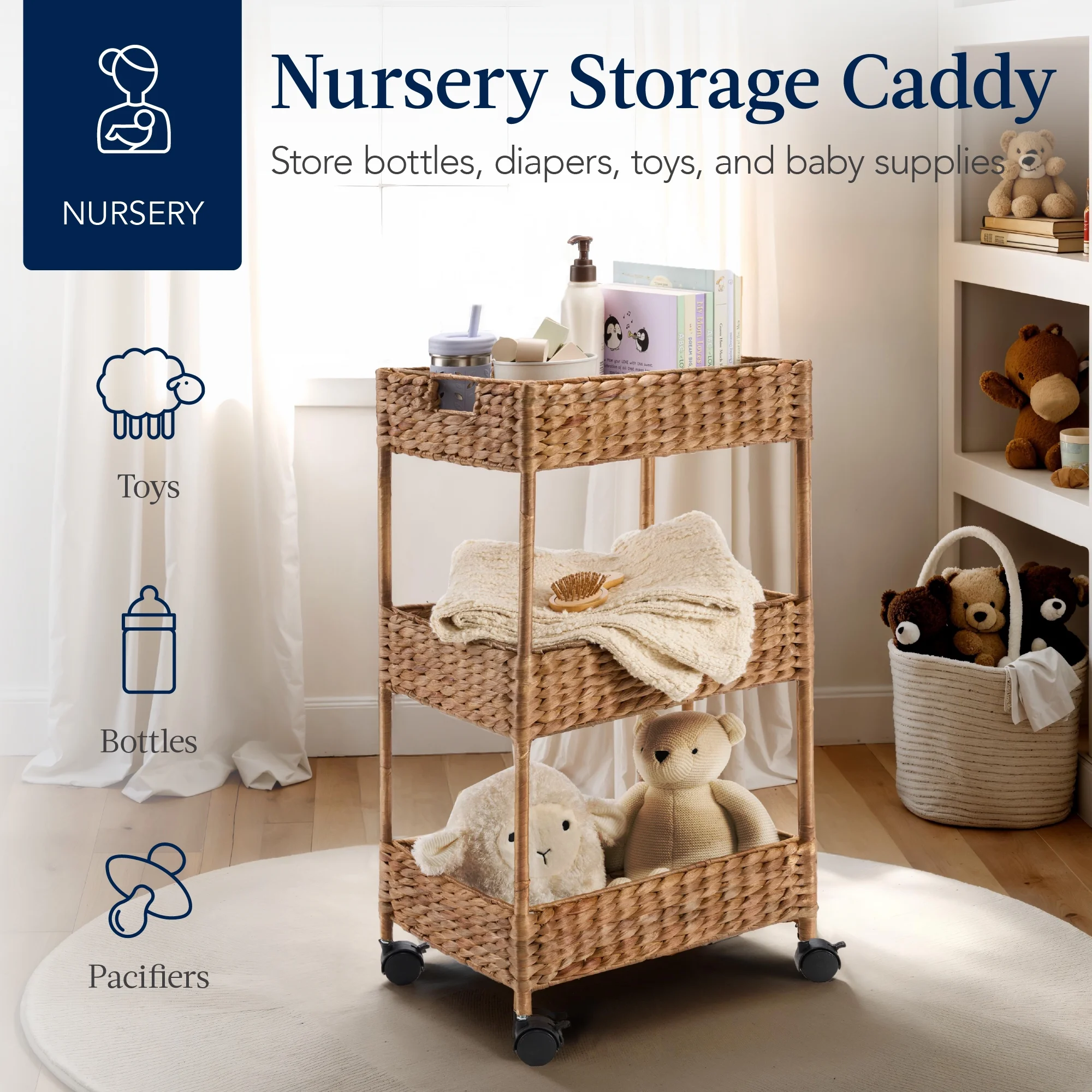 Best Choice Products 3-Tier Water Hyacinth Rolling Nursery Caddy w/ Wheels, Utility Cart, Storage Organization - Natural - Image 12