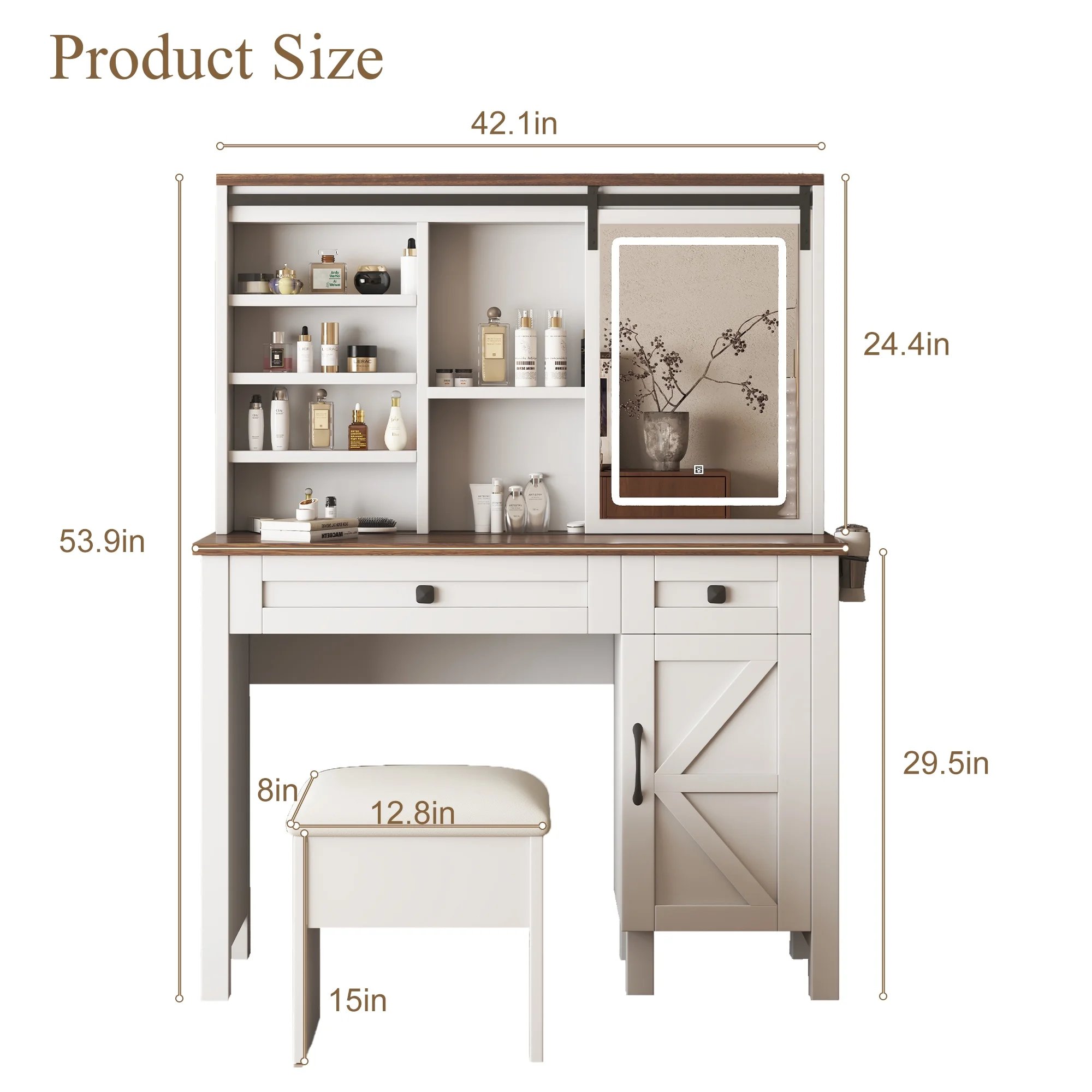 Montary Modern Mini Vanity w/Adjustable LED Mirror + Hidden Storage, Padded Stool & Dustproof Shelves (White) - Image 82