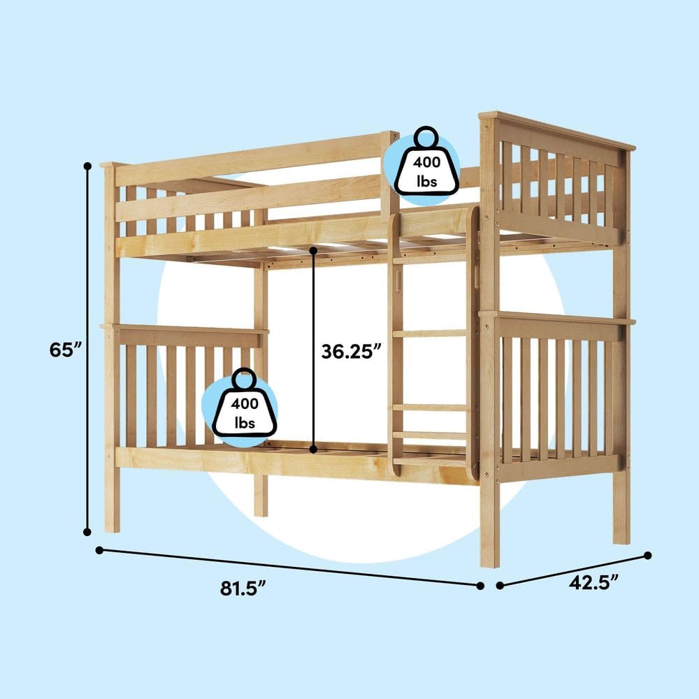 Max & Lily Bunk Bed Twin over Twin, Solid Wood Bunk Bed Frame with Ladder for Kids, 14