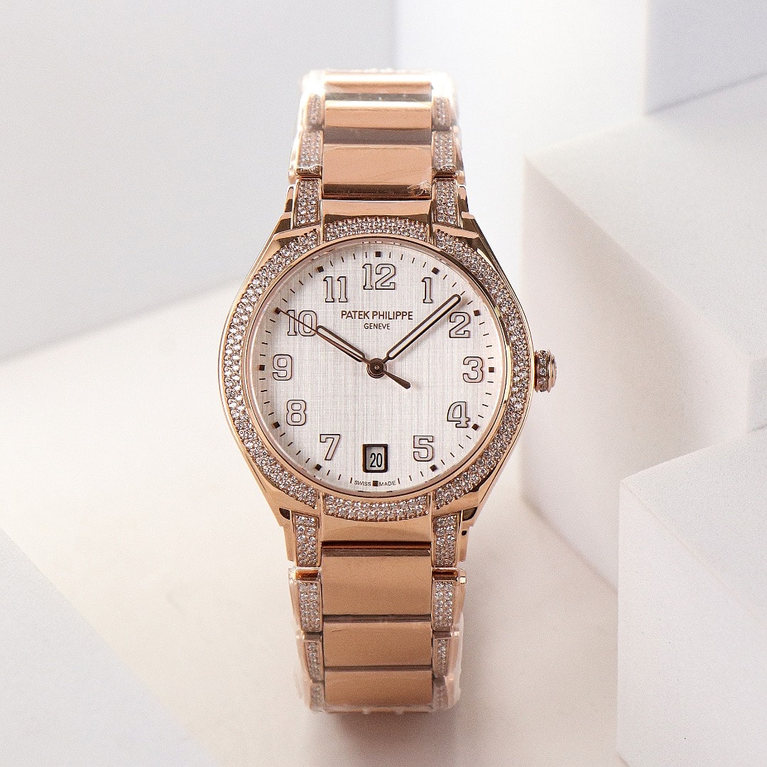 Fake Diamond Watch Replica Patek Philippe Twenty~4 Ladies Rose Gold Silver Dial 7300/1201R-001(1:1 replica) - Top club