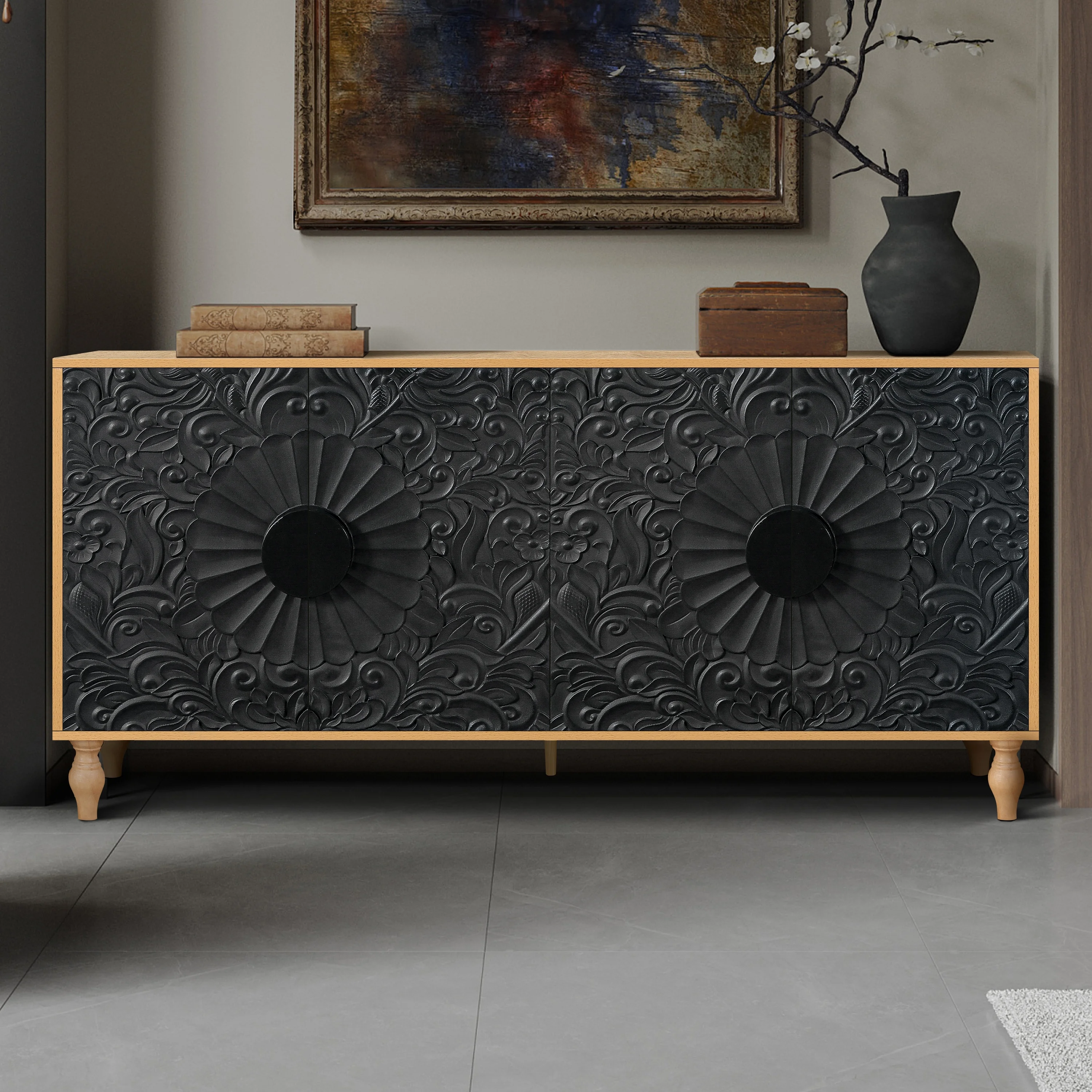 Aukfa 63" Large Accent Storage Cabinet TV Stand with Carved Door for Living Room,Entryway,Natural - Image 23