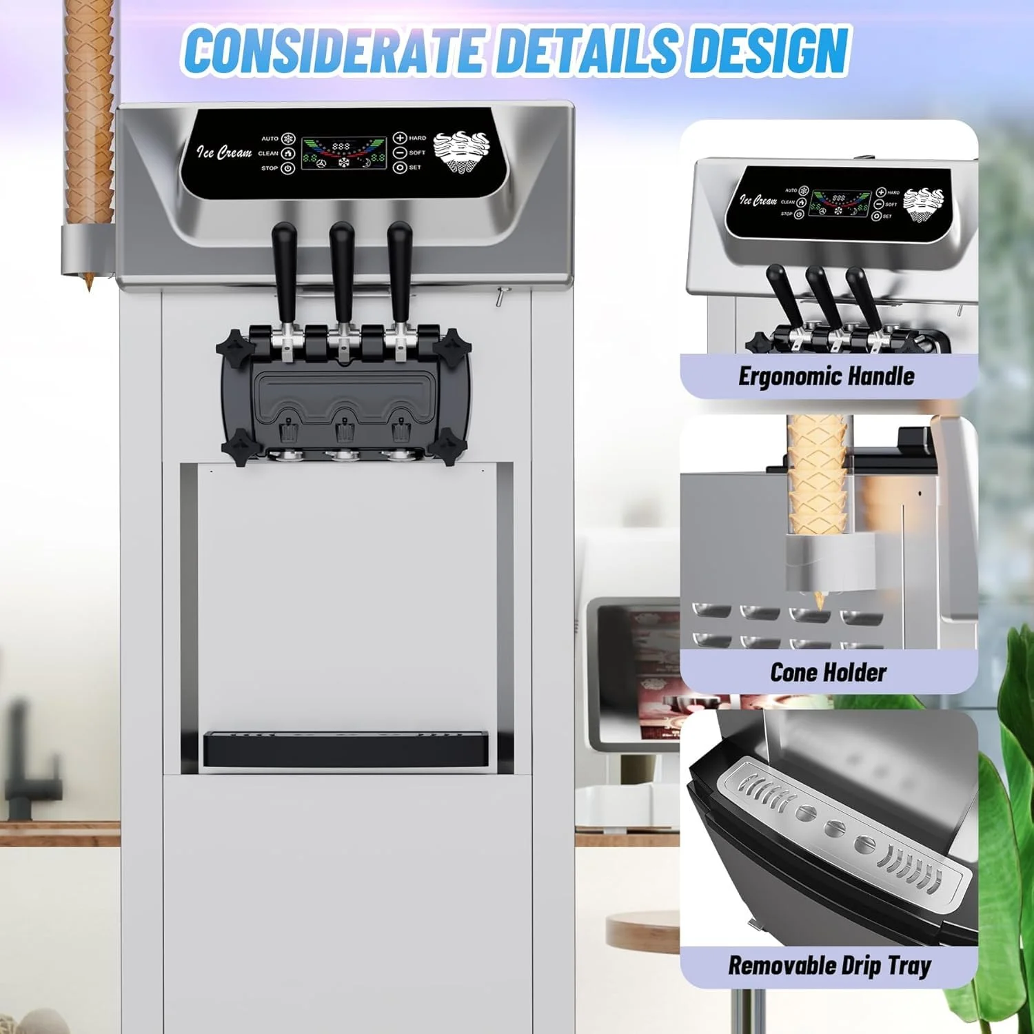 Commercial Ice Cream Maker, 3 Flavors, 20-28L/H Yield, LCD Panel, Auto Clean, 2200W Countertop Soft Serve Machine w/ 2x7L Hopper, Frozen Yogurt Maker for Restaurant Snack Bar