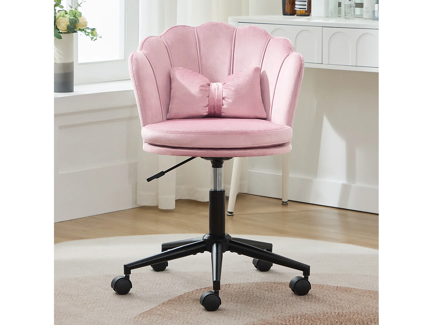 Chaise de bureau rose, réglable en hauteur, dossier en forme de pétale