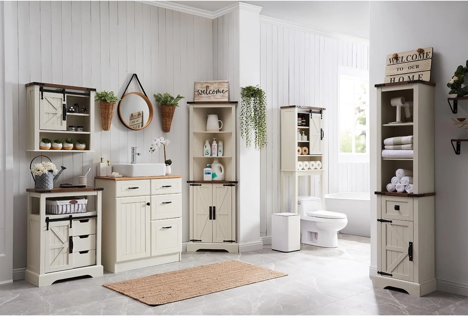 OKD Farmhouse Tall Corner Cabinet with Barn Door & Adjustable Shelves, 68" Rustic Wood Corner Cabinet with Storage Cabinet for Bathroom, Kitchen, Antique White - Image 8