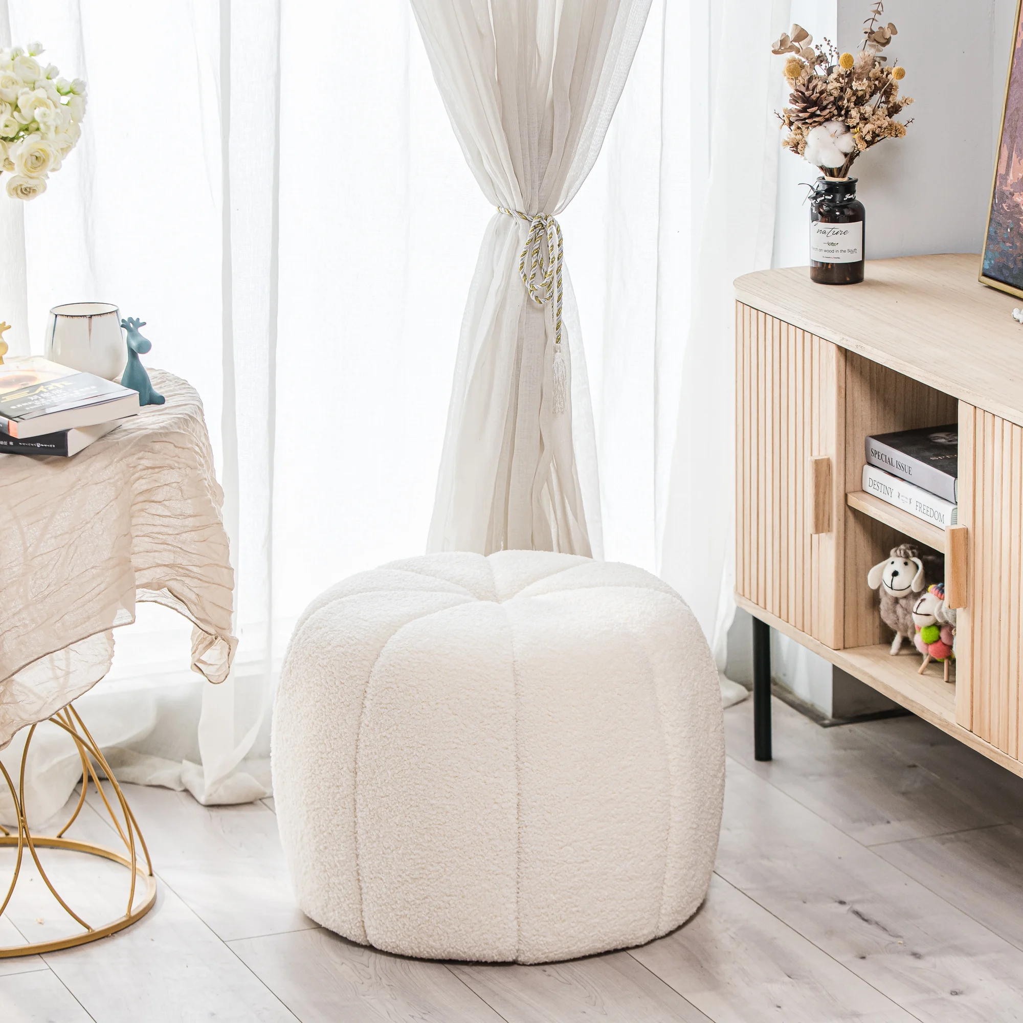White Boucle with Stripes Pouf Vintage Style Living Room