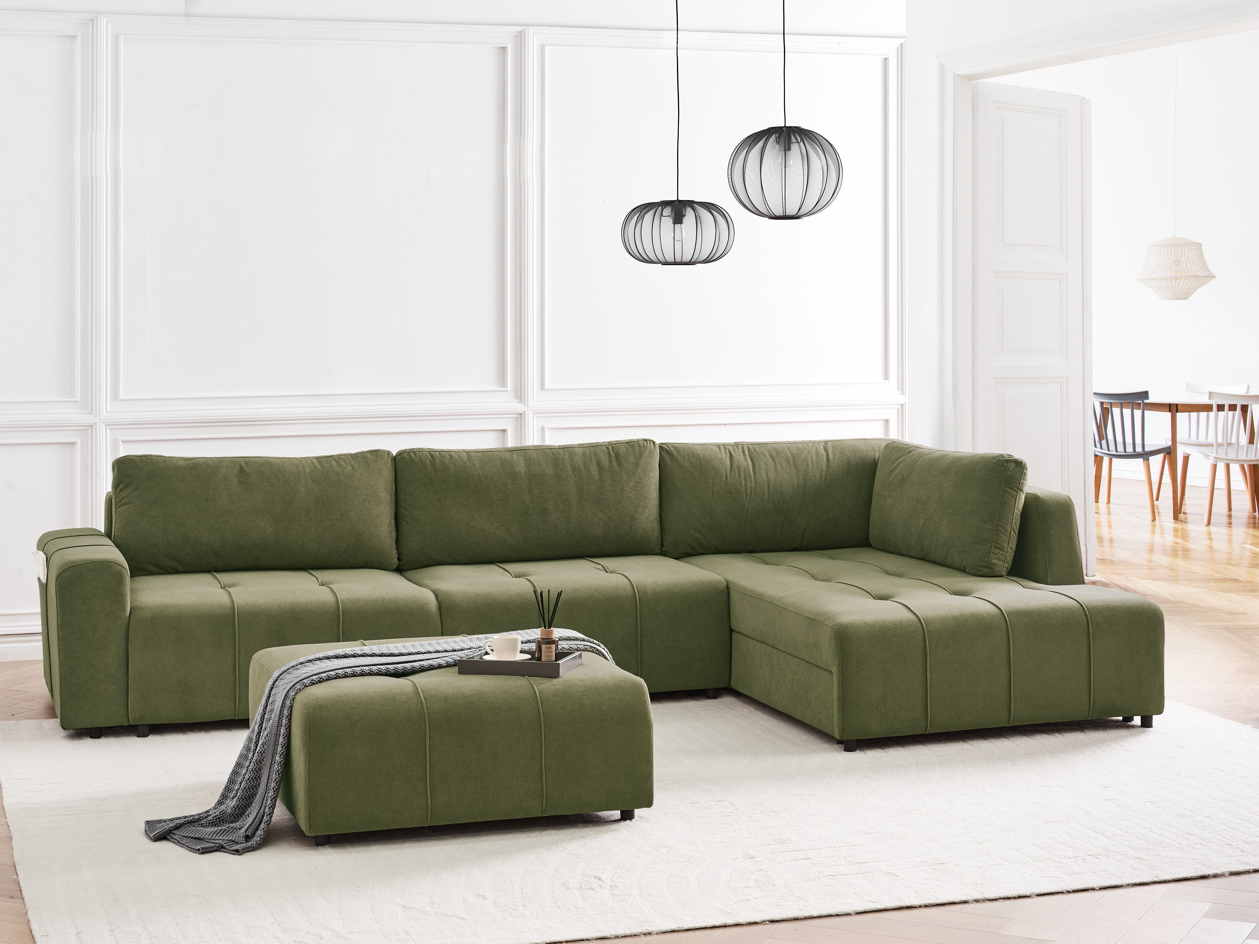 Corner Sofa Bed 4 Seater INNVIK Fabric Green with Ottoman Left Hand