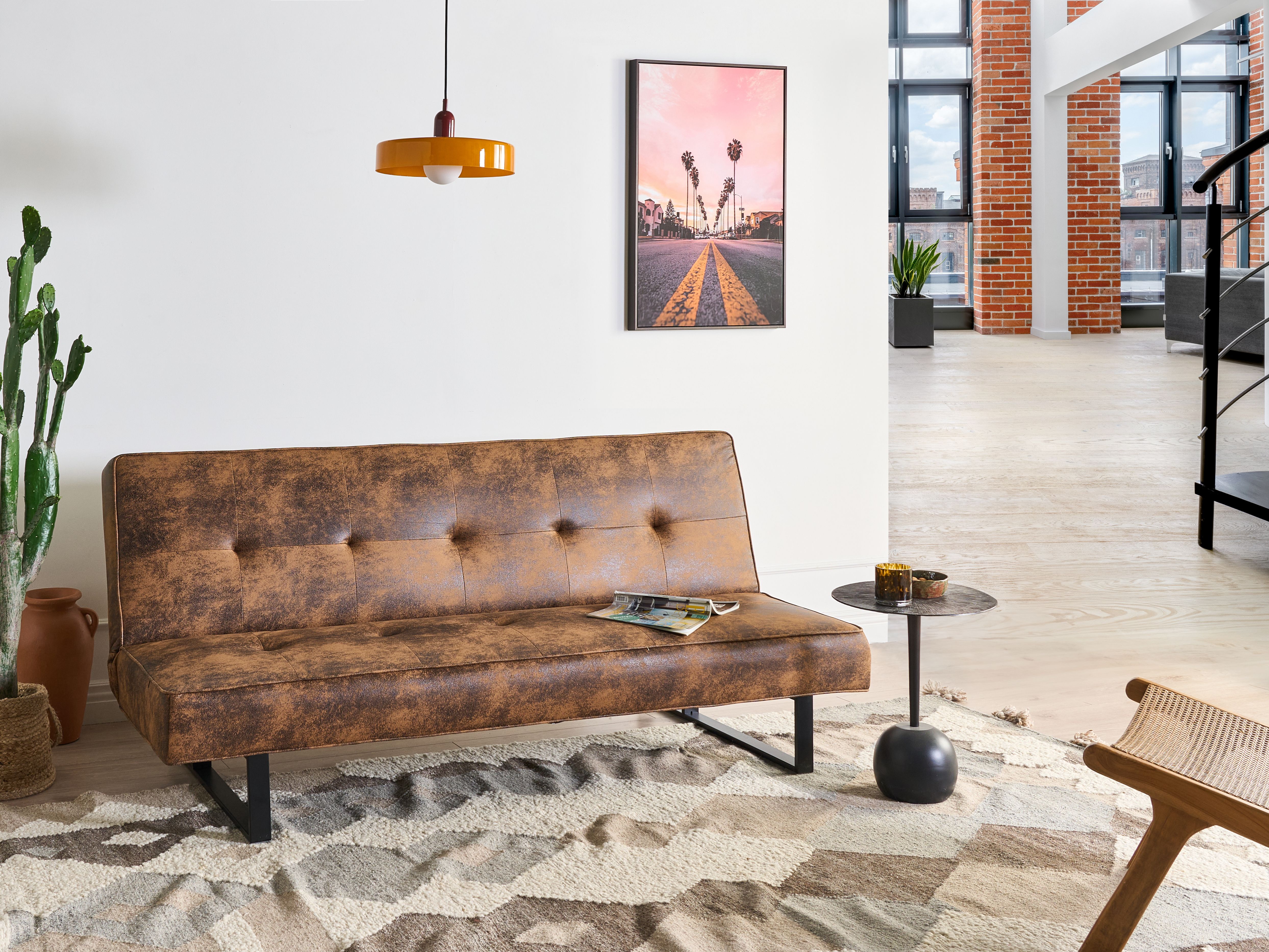 Sofa Bed 3 Seater DERBY Faux Leather Golden Brown