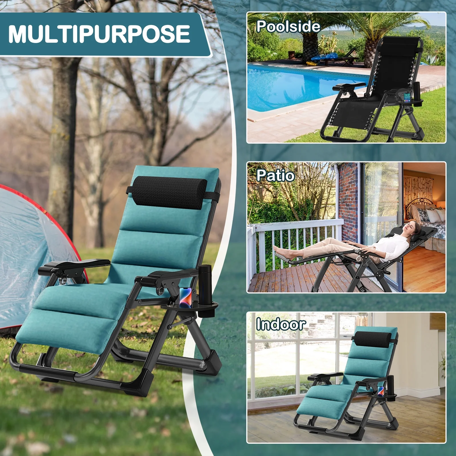 NAIZEA Zero Gravity Chair with Removable Cushion and Cup Holder Black - Image 30