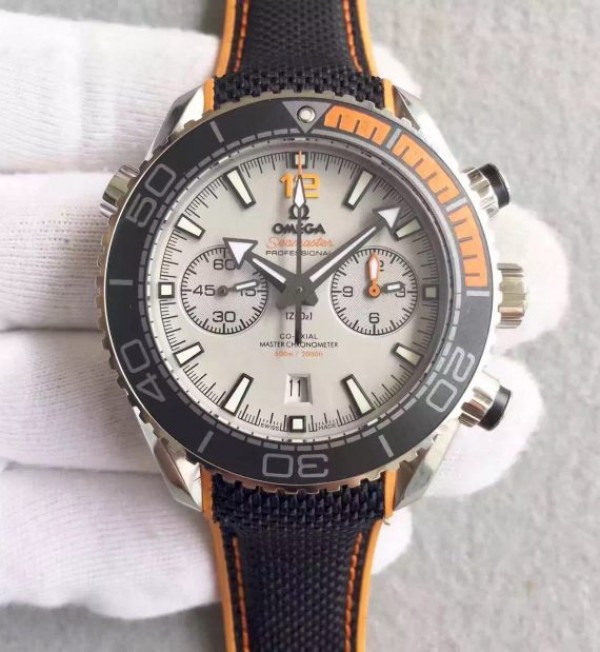 Replica Omega Planet Ocean Master Chronometer Chrono SS Gray Dial Black Nylon Strap A9900 - Elite Watch Atelier