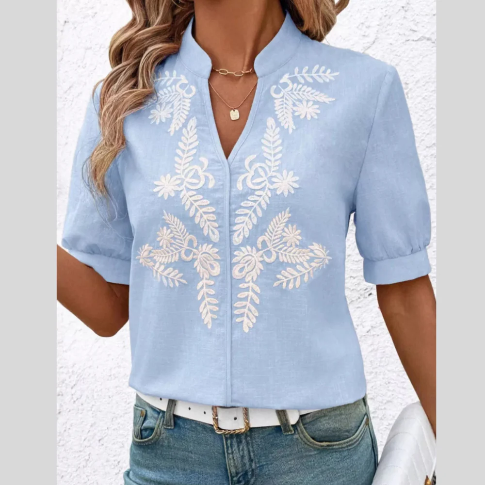 Embroidered Notched Short Sleeve Blouse - ZKZOOK