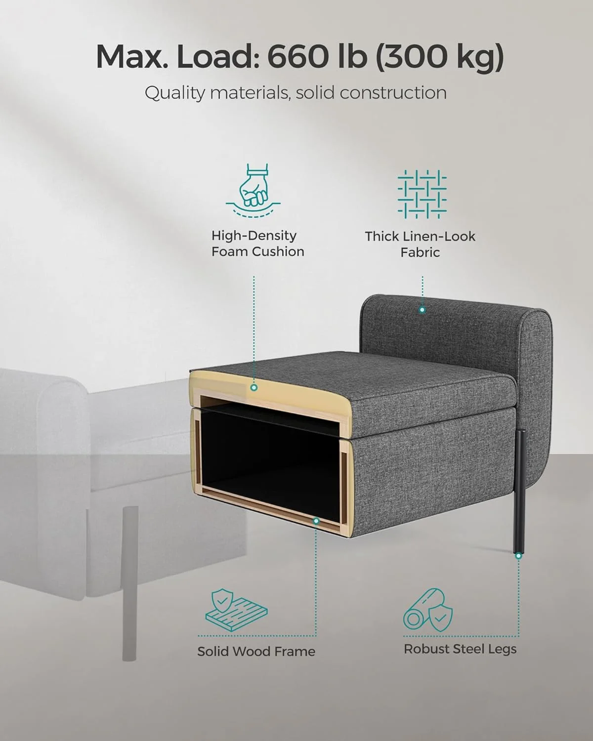 SONGMICS 46.5" Storage Ottoman Bench Storage Bench Bedroom Bench 330lb Load Capacity Solid Wood Legs Light Gray - Image 26
