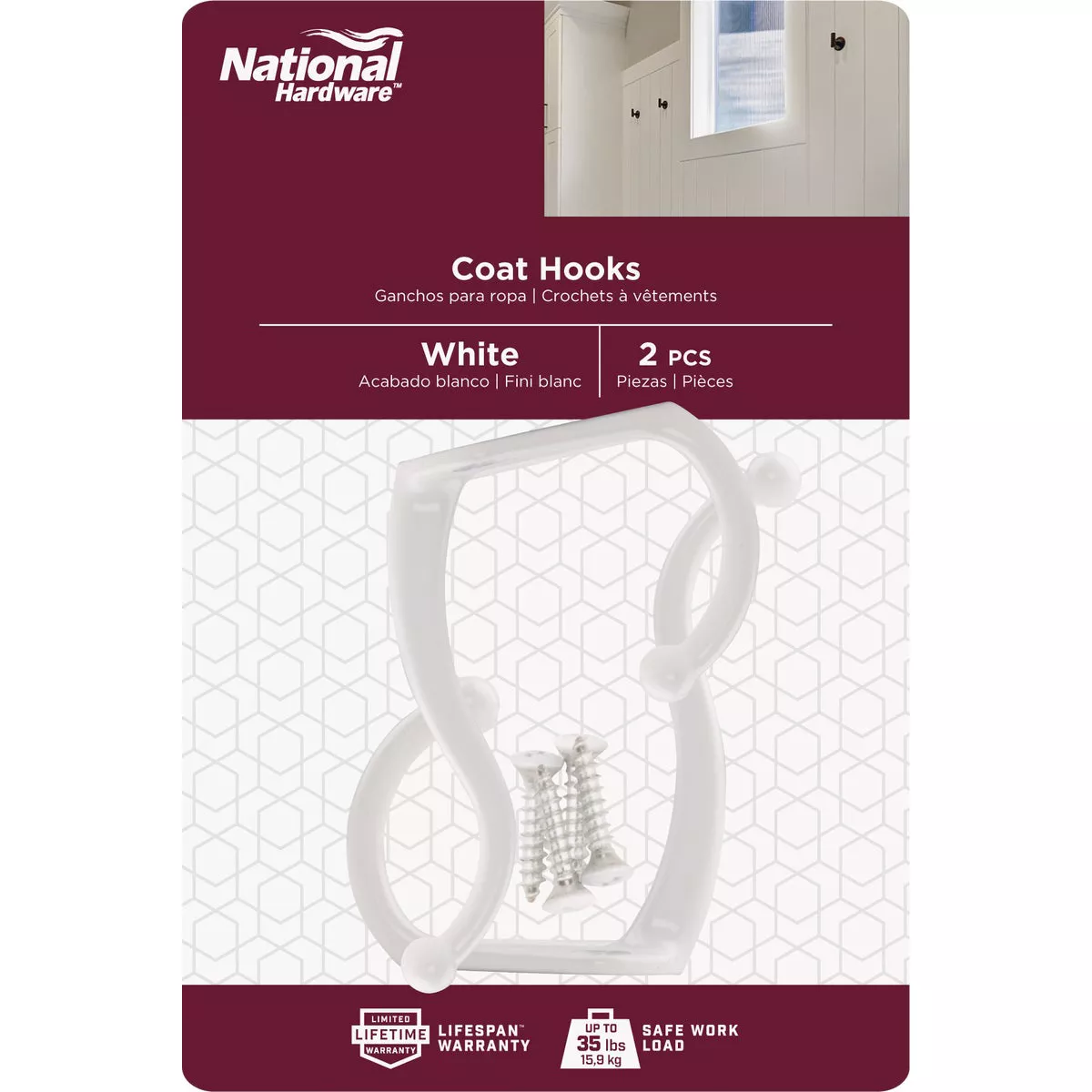 National Hardware White Coat & Hat Hook (2-Pack)