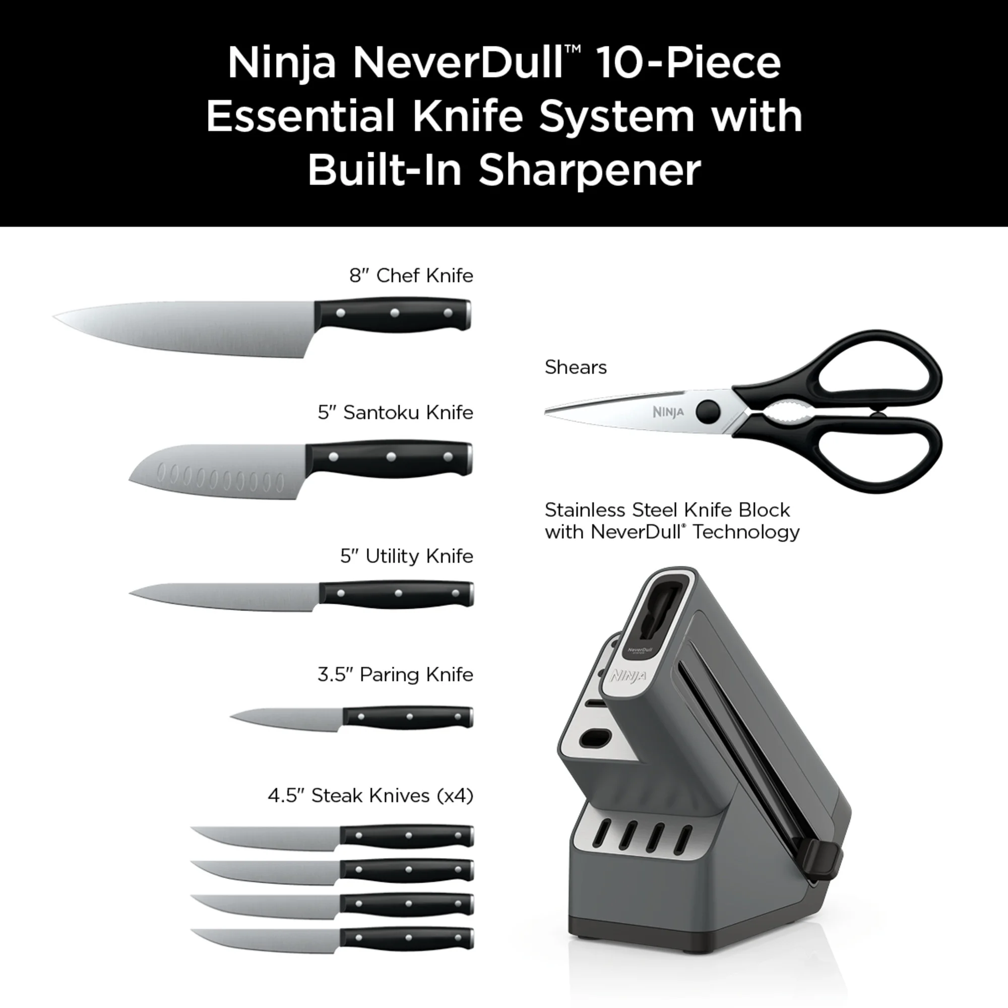 Ninja Foodi NeverDull 10-Piece Stainless Steel Essential Knife System with Sharpener, K12010 Black/Gray - Image 18