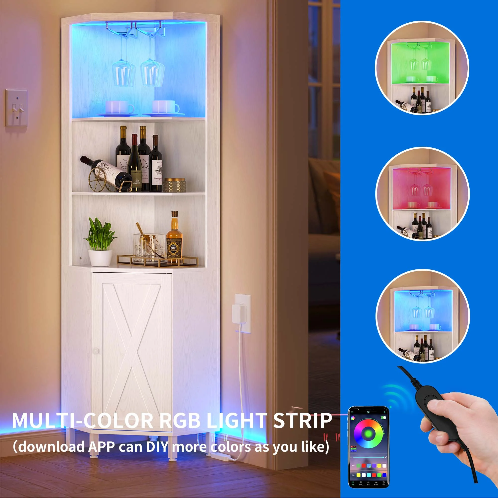 Dextrus 67" Corner Bar Cabinet with LED Lights, Wine Glass Holder & Storage Shelves, Black - Image 10