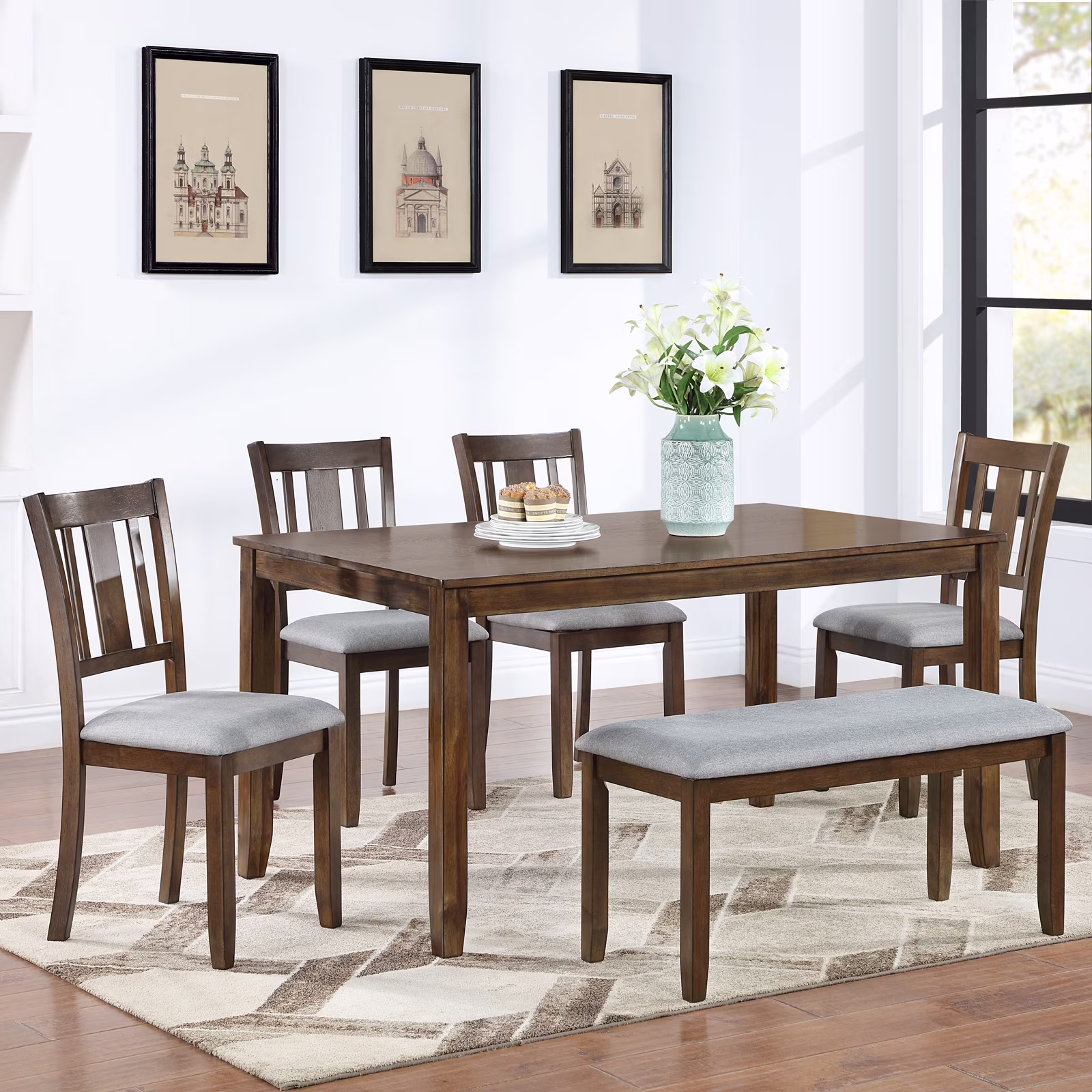 Dining Room Set, LEGAHOME 6 Piece Dining Sets with Bench and Chairs, Solid Wood Kitchen Dining Table Set for 6 with Upholstered Chairs, Gray - Image 7