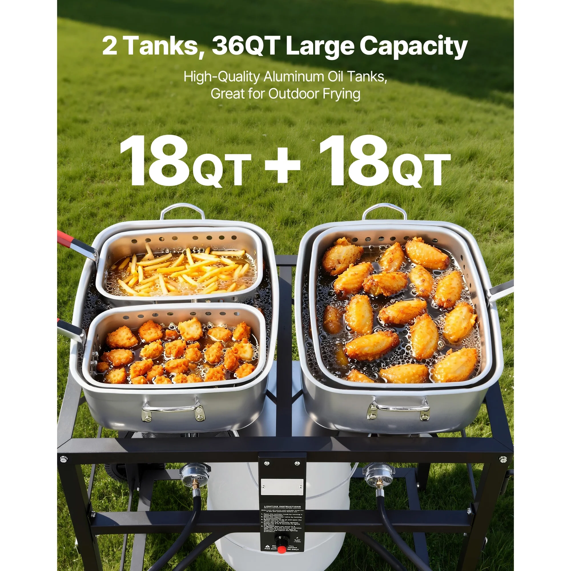 KFFKFF Outdoor Propane Deep Fryer, Dual-Tank 18QT x 2 Commercial Fryer, Portable Frying Cart with Wheels, 3 Baskets, 2 Thermometers, Stainless Steel Cooker for Fish, Wings, and Fries, 40,000 BTU
