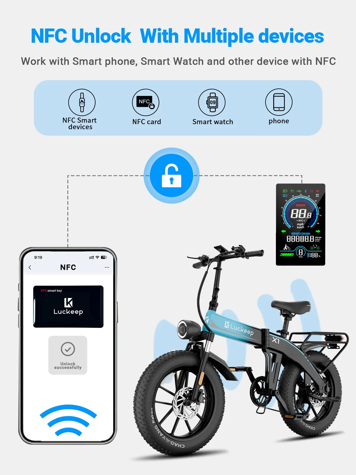 Luckeep X1 Lite Foldable Electric Bike for Adults 1500W Peak Motor,720WH Removable Battery,28MPH 60 Miles Long Range,20"*4" Fat Tire All-Terrain E-bike with Front Suspension,Mountain Electric Bicycle - Image 19
