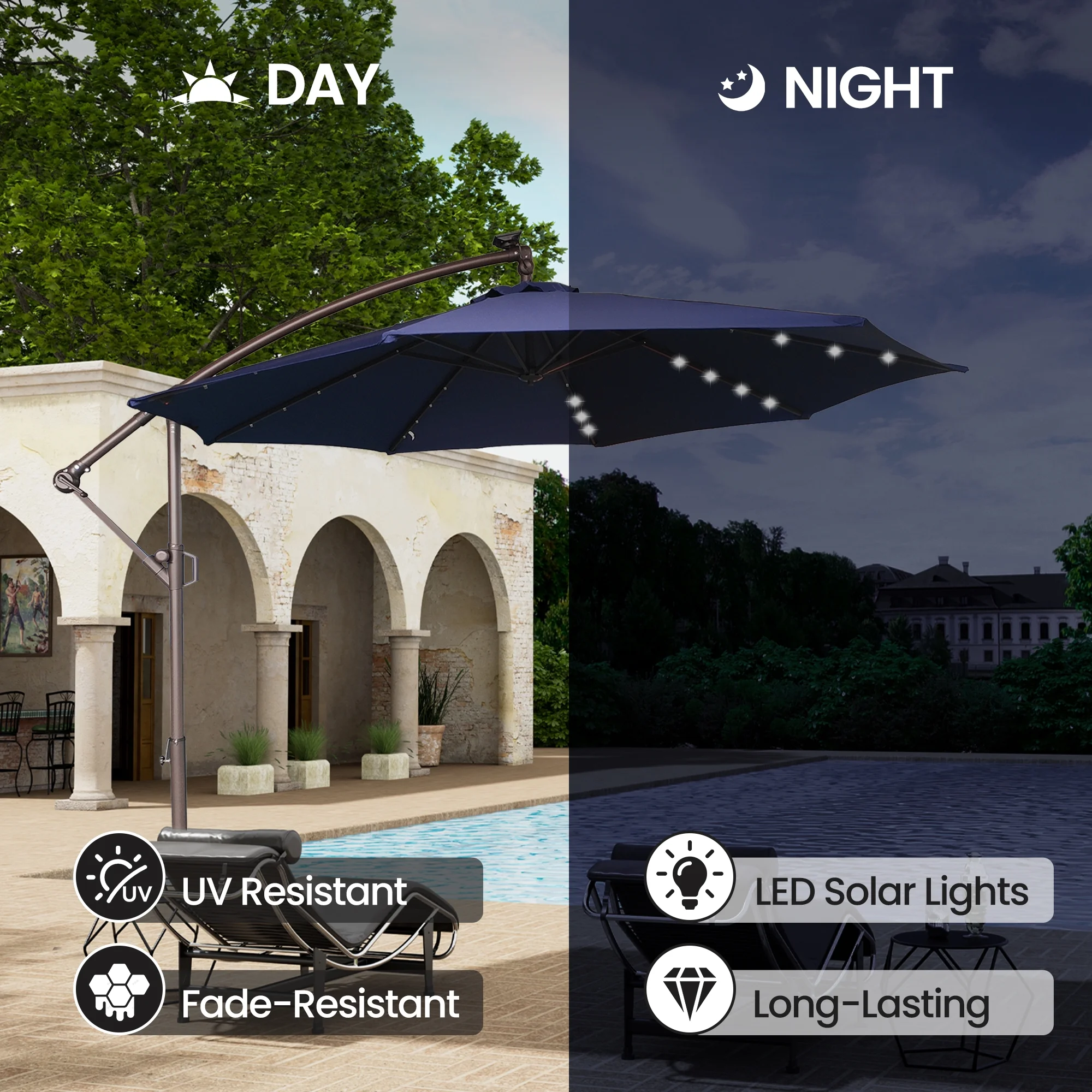 Mondawe 10ft Solar Lights Offset Cantilever Patio Umbrella - with Light, LED Lighted Offset Hanging Patio Outdoor Market Umbrella UPF50+ UV Protection with Crank,Navy Blue - Image 11