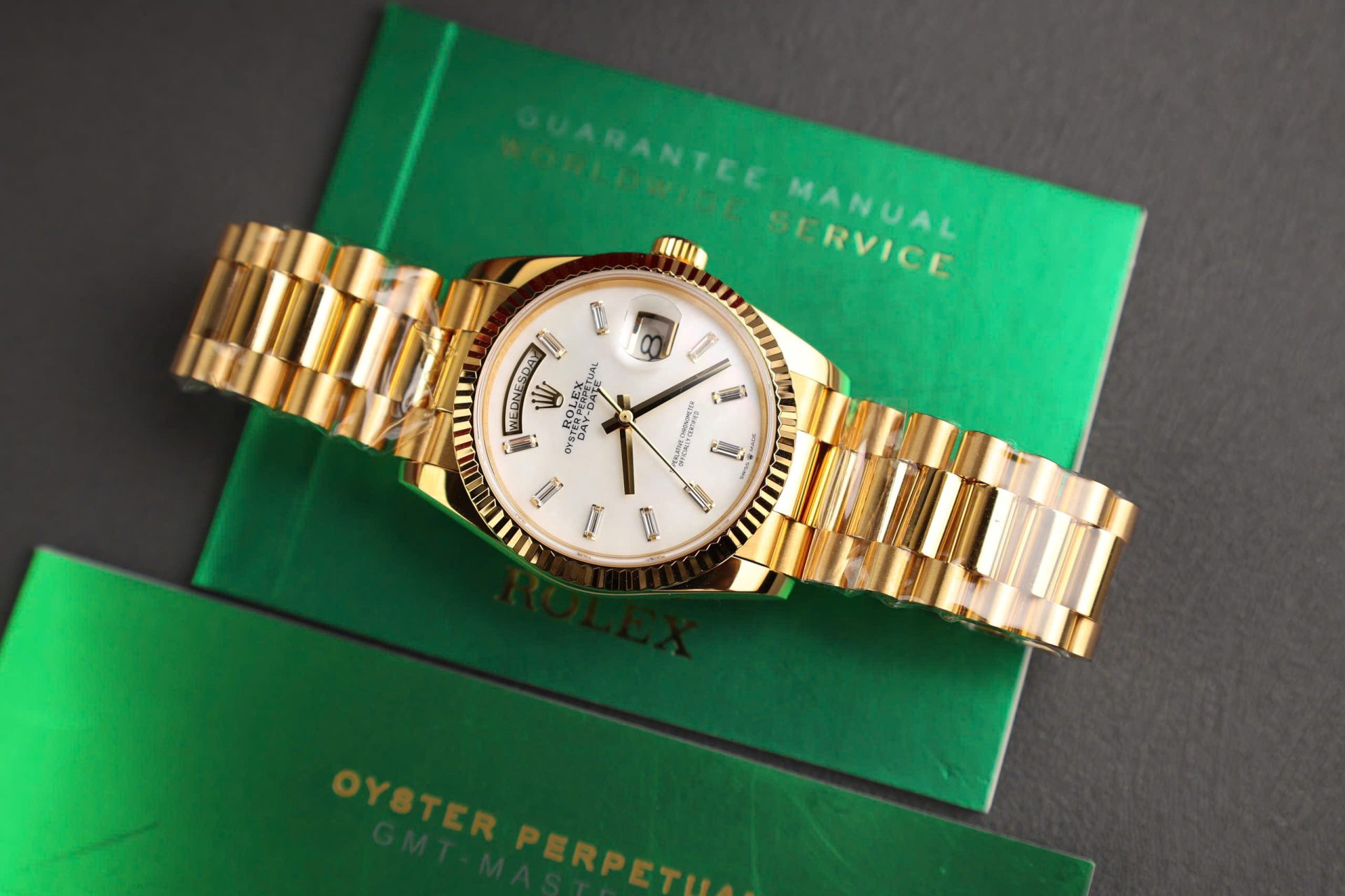 Rolex Day-Date Replica Watch Dial Mother Of Pearl Custom Gold Wrapped 36mm - Elite Watch Atelier