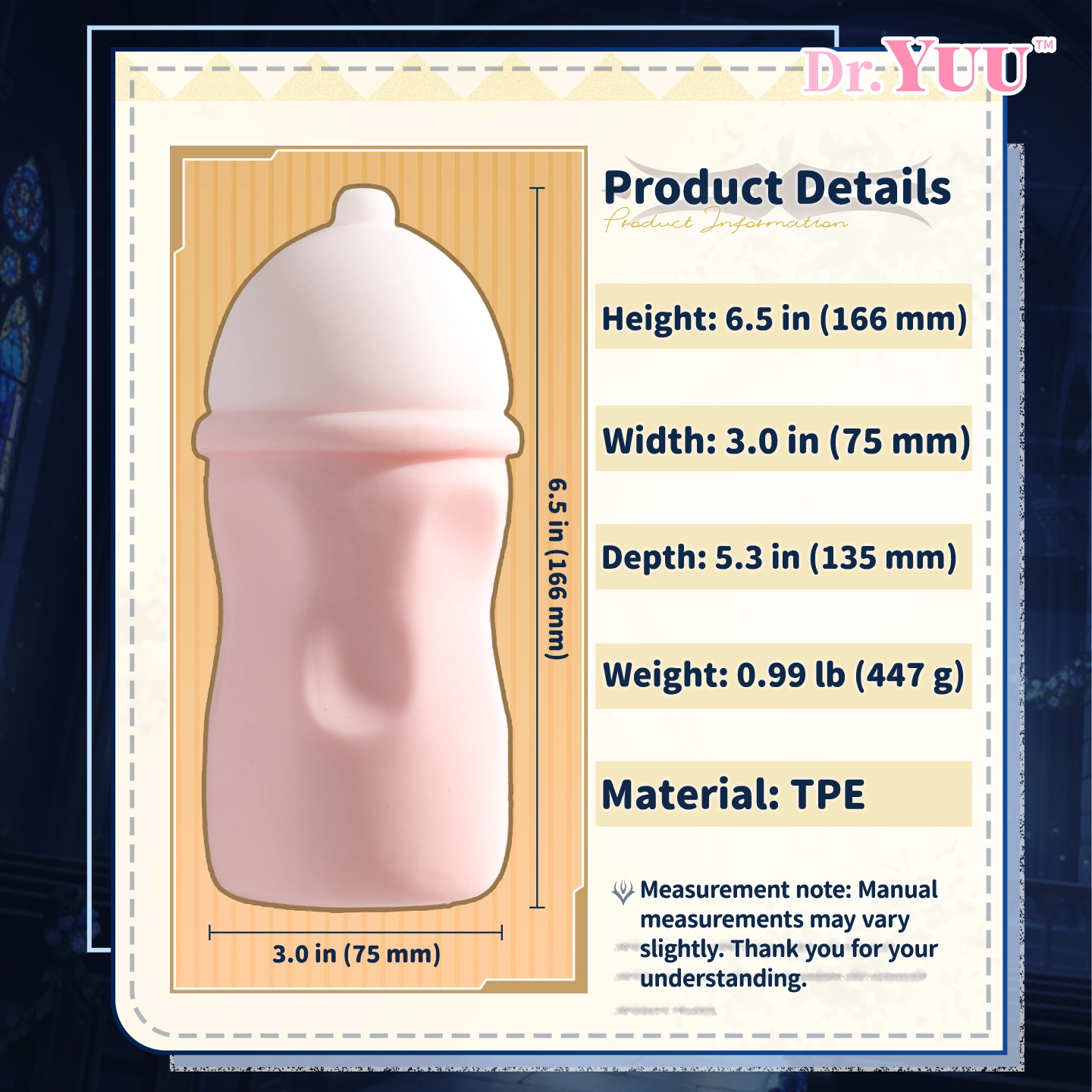 Dr.YUU breast shaped male masturbator specifications with 0.99 lb weight and 5.3 inch canal