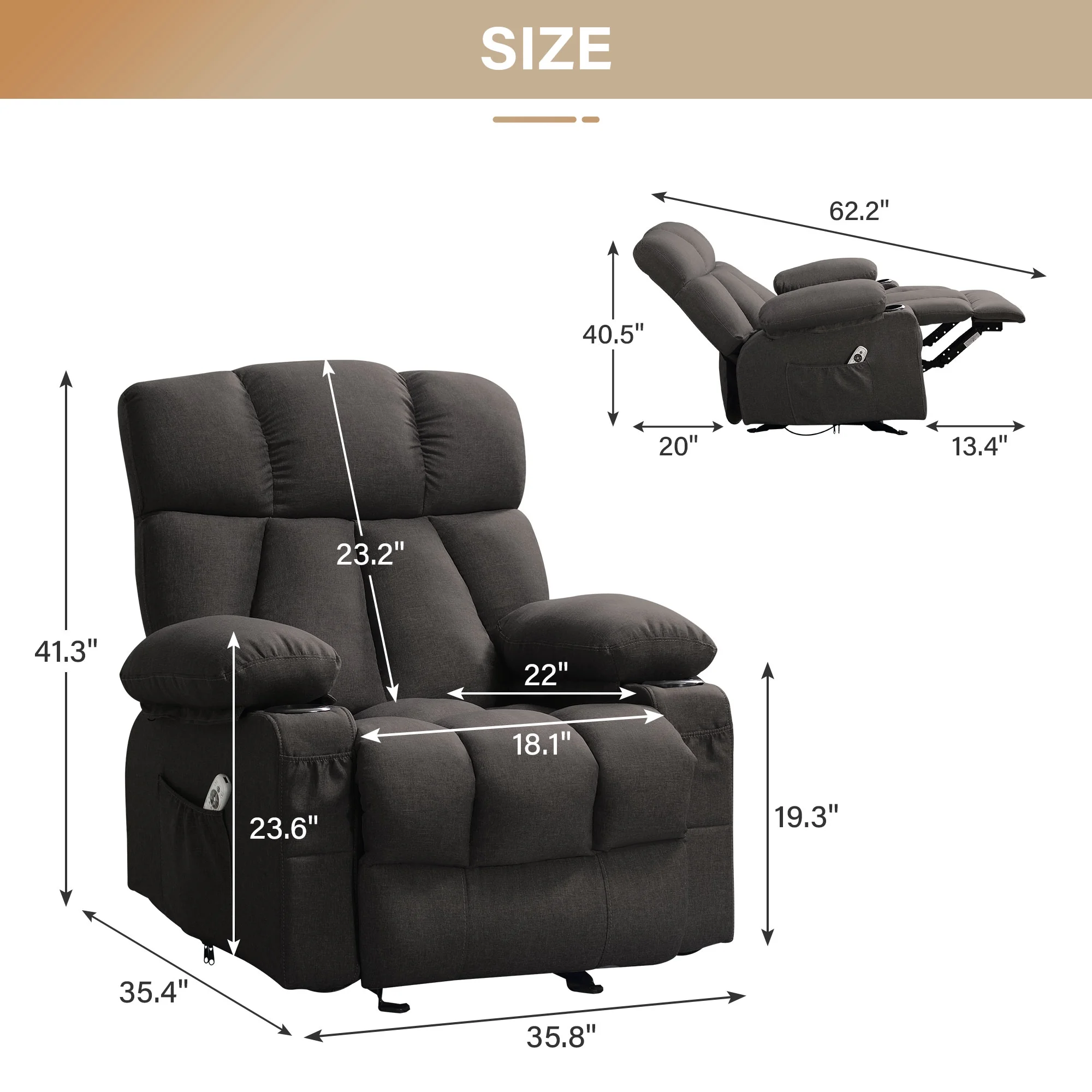JONPONY Manual Recliner Chair with Heat Therapy and Massage Function, Heavy Duty Reclining Mechanism Massage Chair, Elderly Single Rocker Sofa with Cup Holders for Bedroom Home Theater,Grey - Image 88