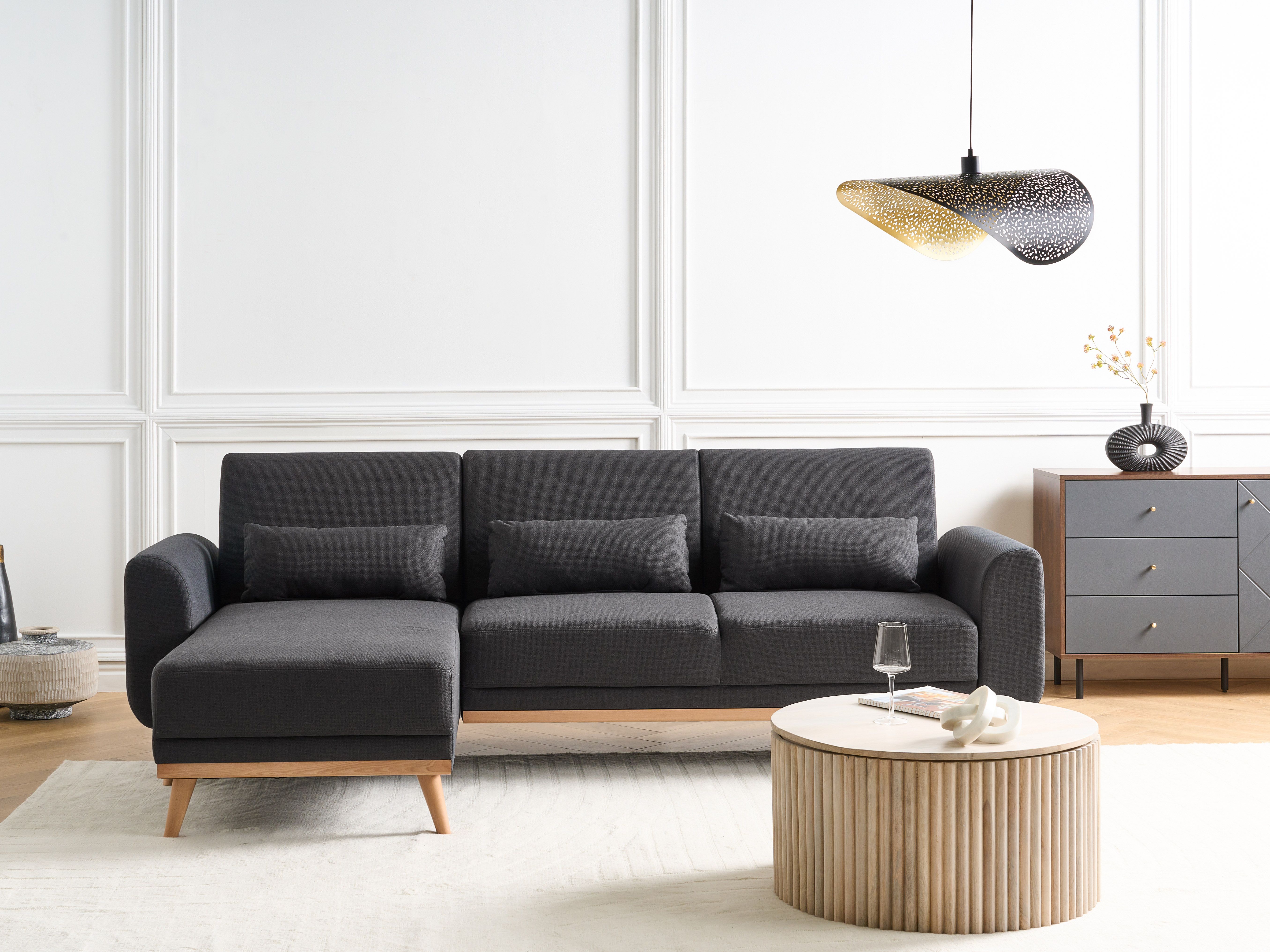 Corner Sofa Bed 3 Seater OLLSTA Fabric Black Right Hand