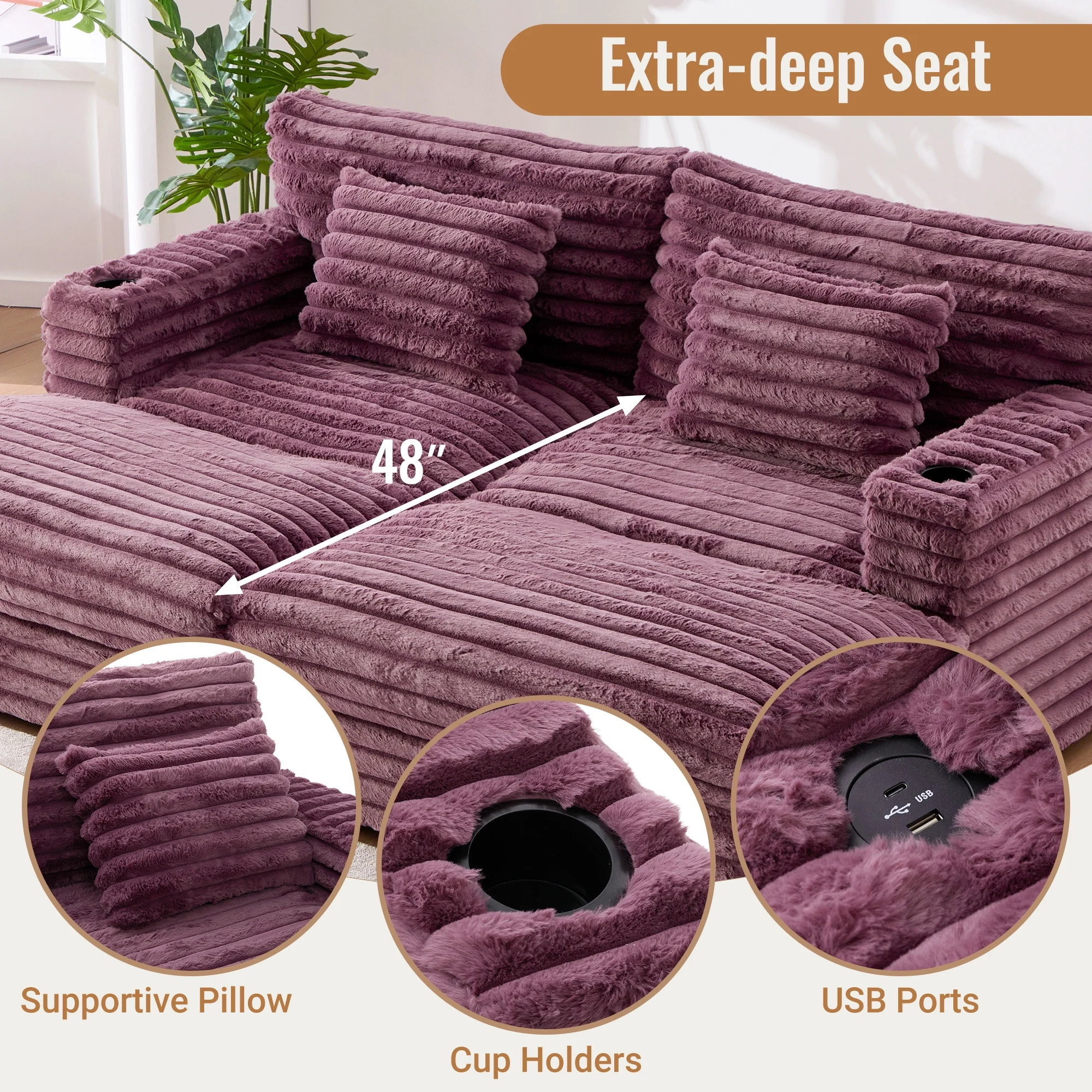 Oversized Double Chaise Lounge, Faux Fur Upholstered Deep Seat Sofa with 2 Pillows, 2 Cupholders, and Dual USB Ports - Image 15