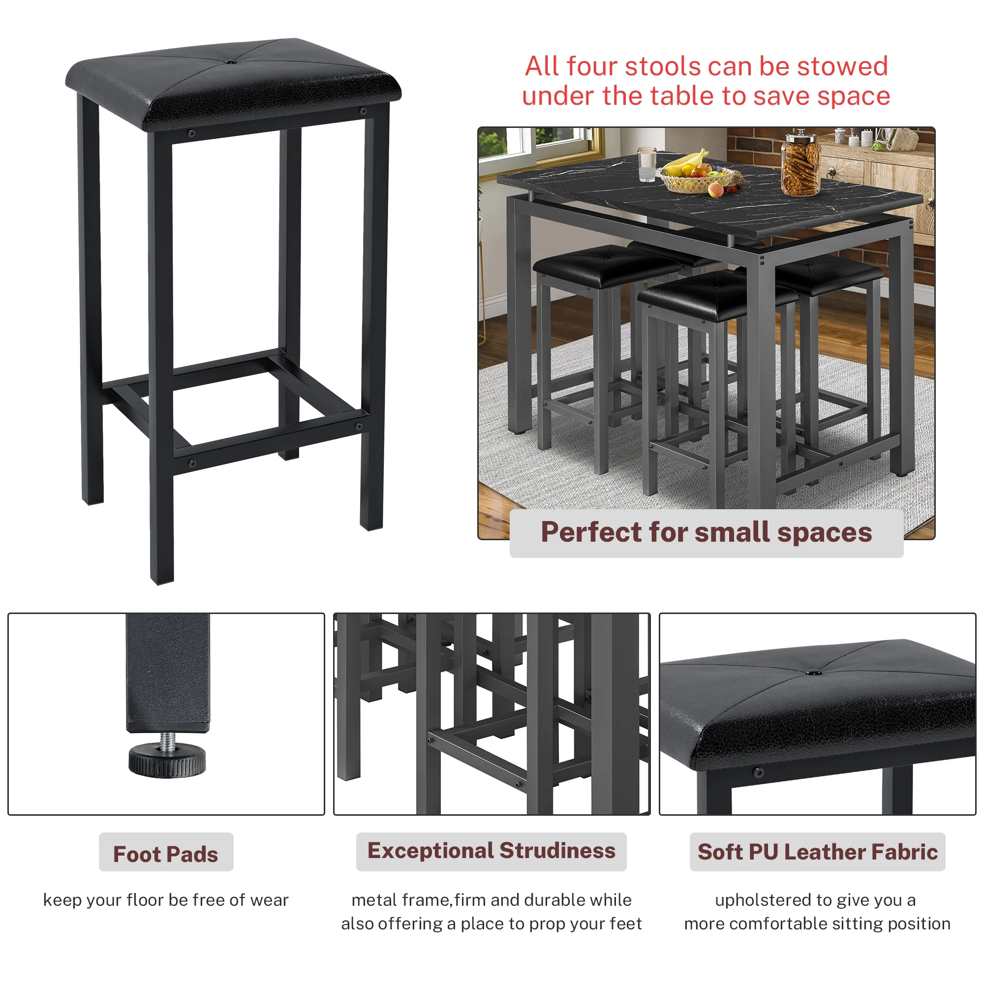 5 Piece Dining Set, Modern Dining Table and Chairs Set for 4, Counter Height Bar Table Set, Modern Pub Table with 4 Velvet Fabric Cushioned Stools, Faux Marble Dining Table & Stools Set, D9297 - Image 30
