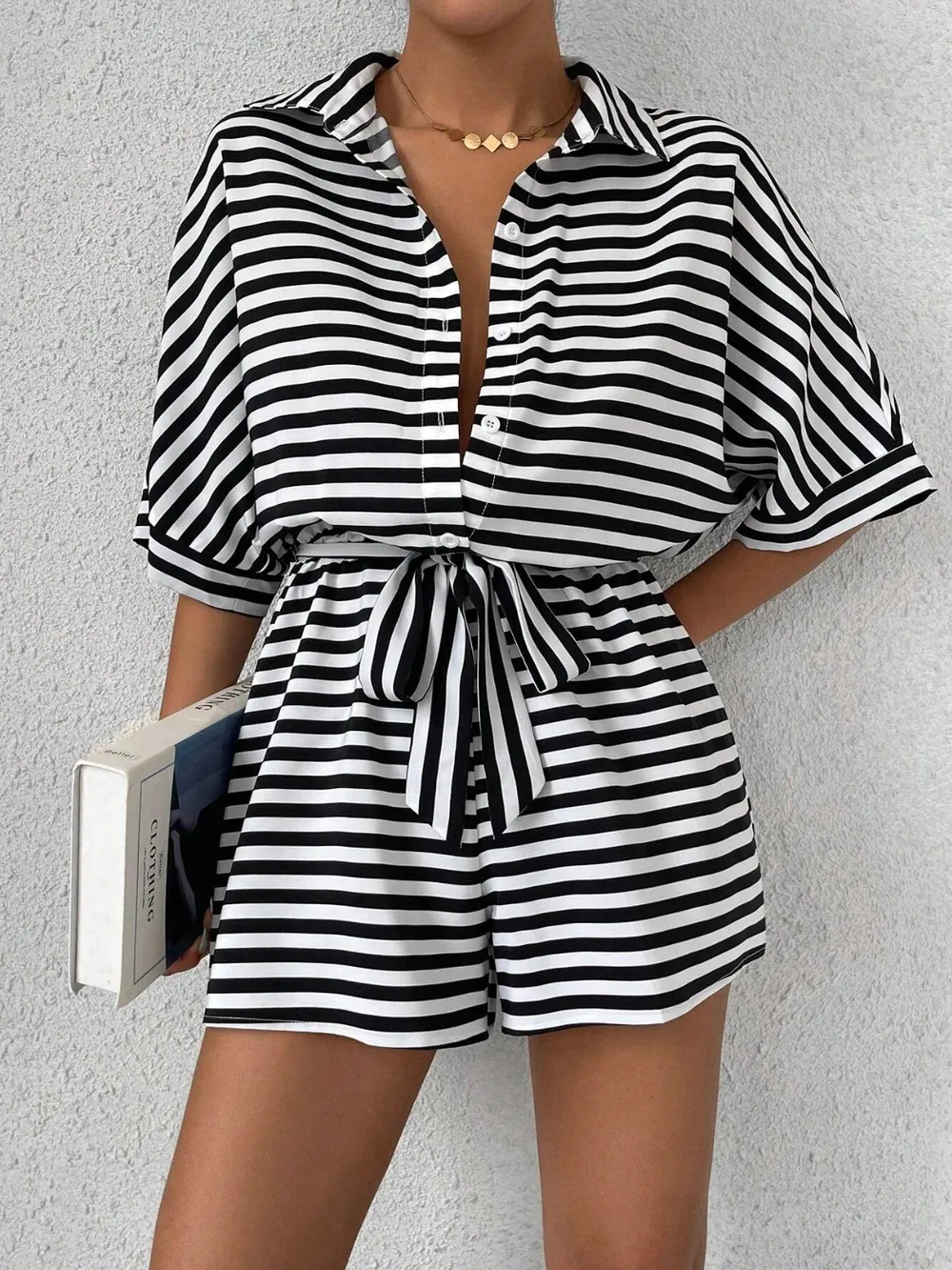 Tie Waist Half Button Striped Romper - ZKZOOK