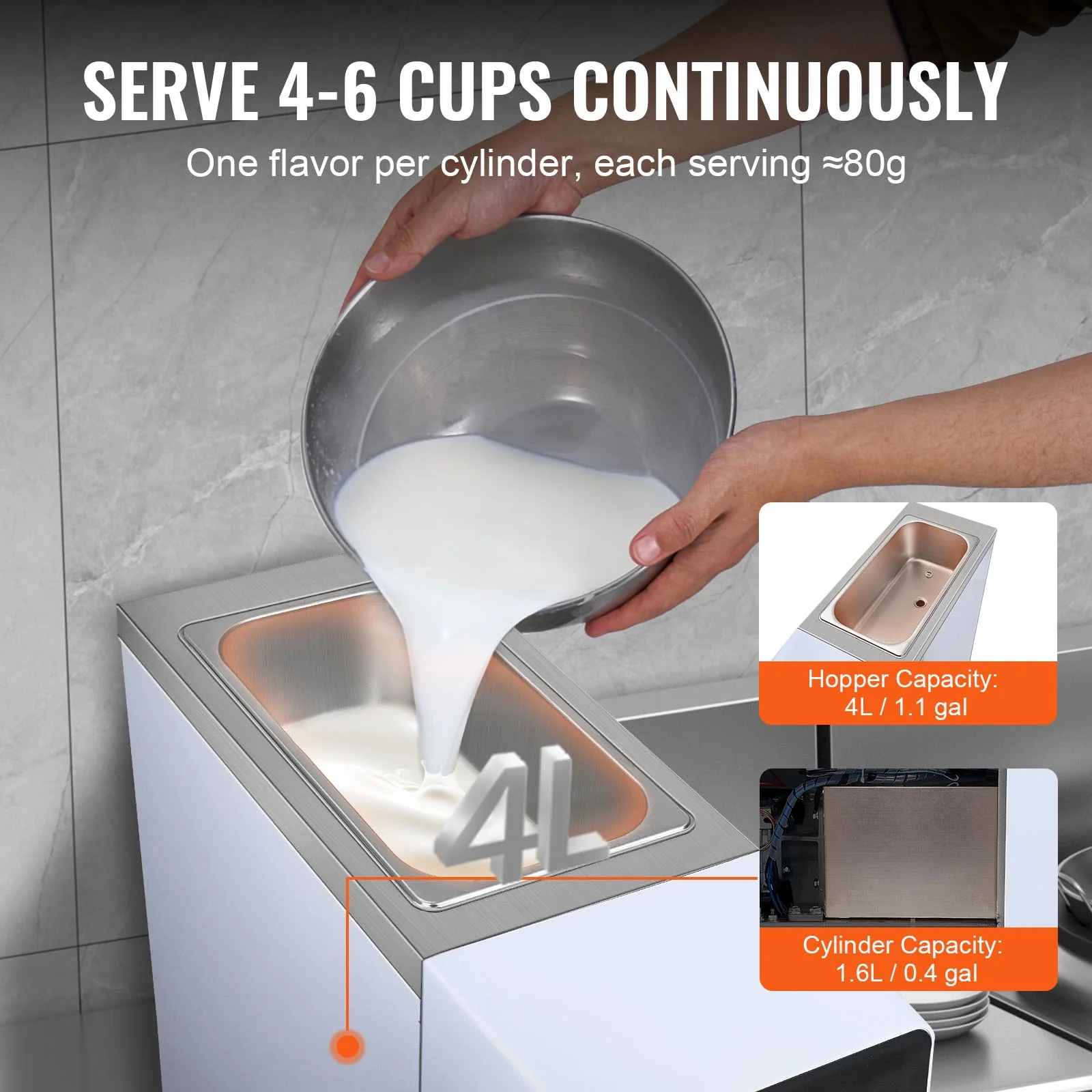 KFFKFF Commercial Ice Cream Machine Output of 10.6 QT/H, 1000W Single Taste Tabletop Soft Serve Ice Cream Device, 4L Reservoir 1.6L Cylinder, Digital Screen Automatic Cleaning Pre-chilling - Image 8