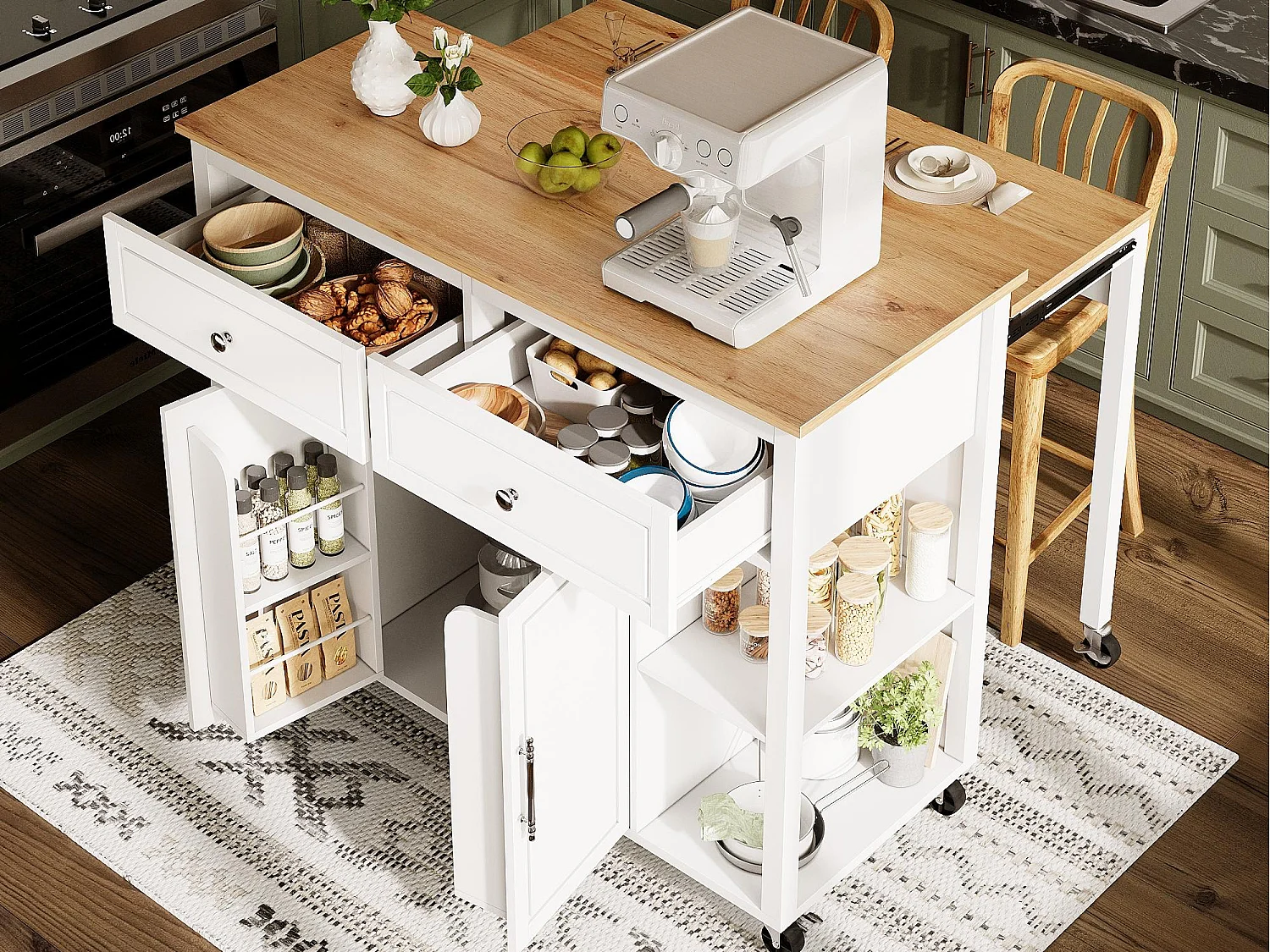 Ilot central de cuisine - avec roulettes - table à manger extensible - 2 portes et 2 tiroirs - étagères ouvertes - MDF - Blanc