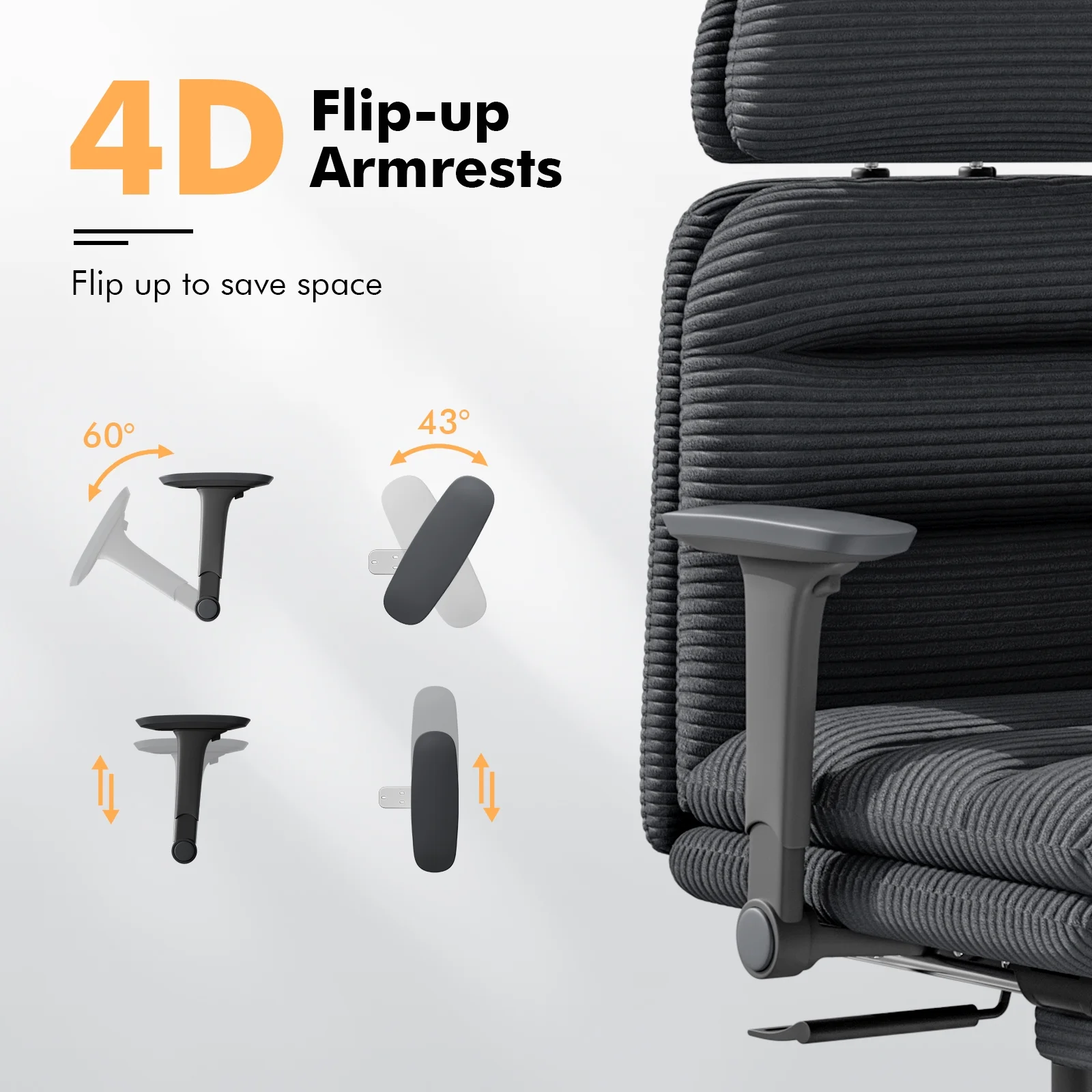 HomeZeer Ergonomic Cross-Legged Office Chair with Footrest & Headrest, Heavy Duty Executive Desk Chair with Flip-up Armrests, Corduroy Fabric Computer Criss Cross Chair for Home Office, Black - Image 9