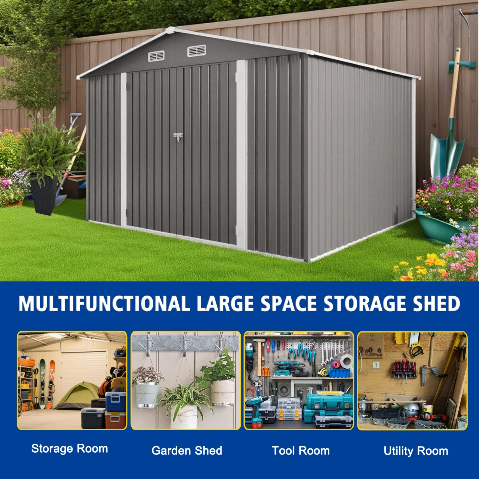 10 x 8 FT Outdoor Storage Shed, Large Metal Storage Shed, Lockable Door and Air Vent, Clear Window Garden Tool Shed for Bicycles, Tools, Lawnmowers, Backyards, Patios, Lawns - Gray - Image 8