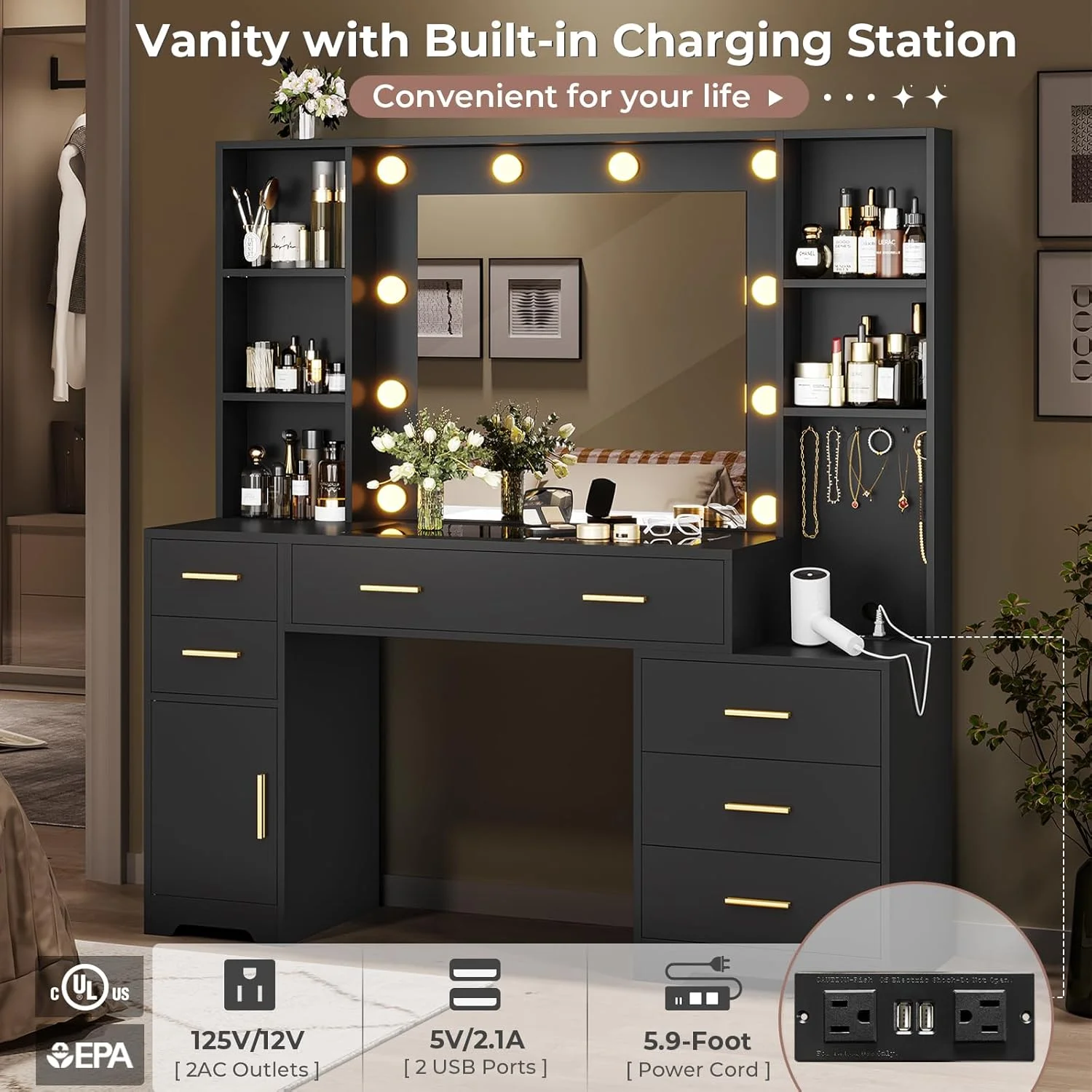 Makeup Vanity Desk with Lighted Mirror & Charging Stations & 6 Drawers Large Vanity Table Bedroom Dressing Table with Glass Tabletop&Side Cabinet&Glass Tabletop, Black - Image 2