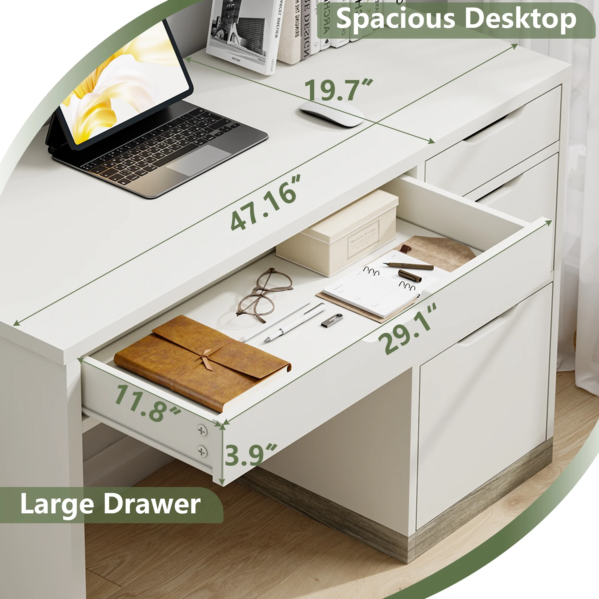DreamCurship White Desk with Drawers, Modern Computer Desk with File Drawers, Home Office Study Writing Desk with Storage, White - Image 4
