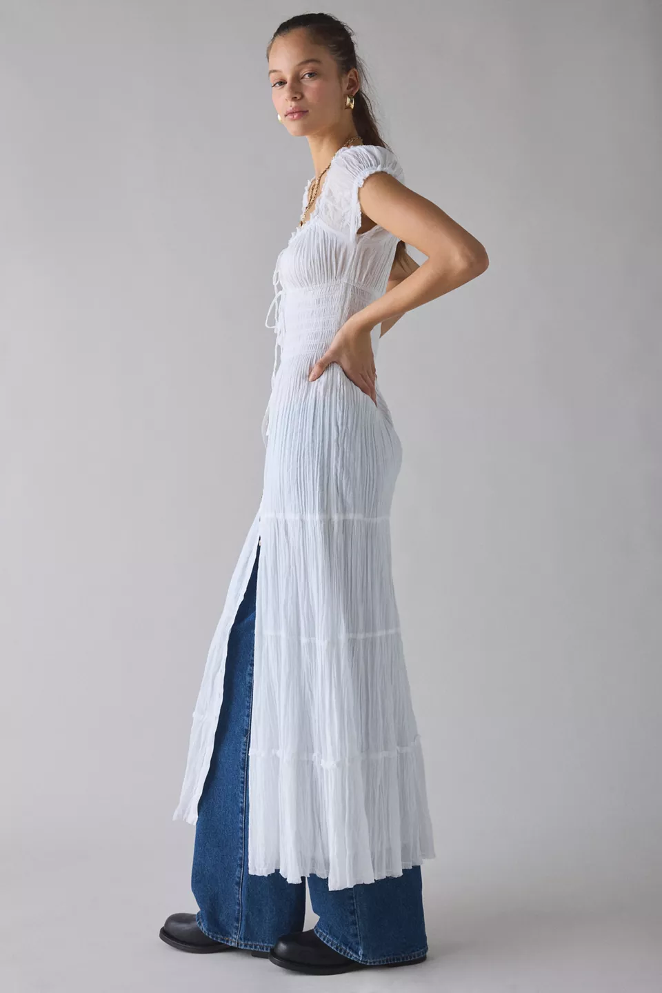 Kimchi Blue Samira Puff Sleeve Smocked Button-Front Layering Maxi Dress - White