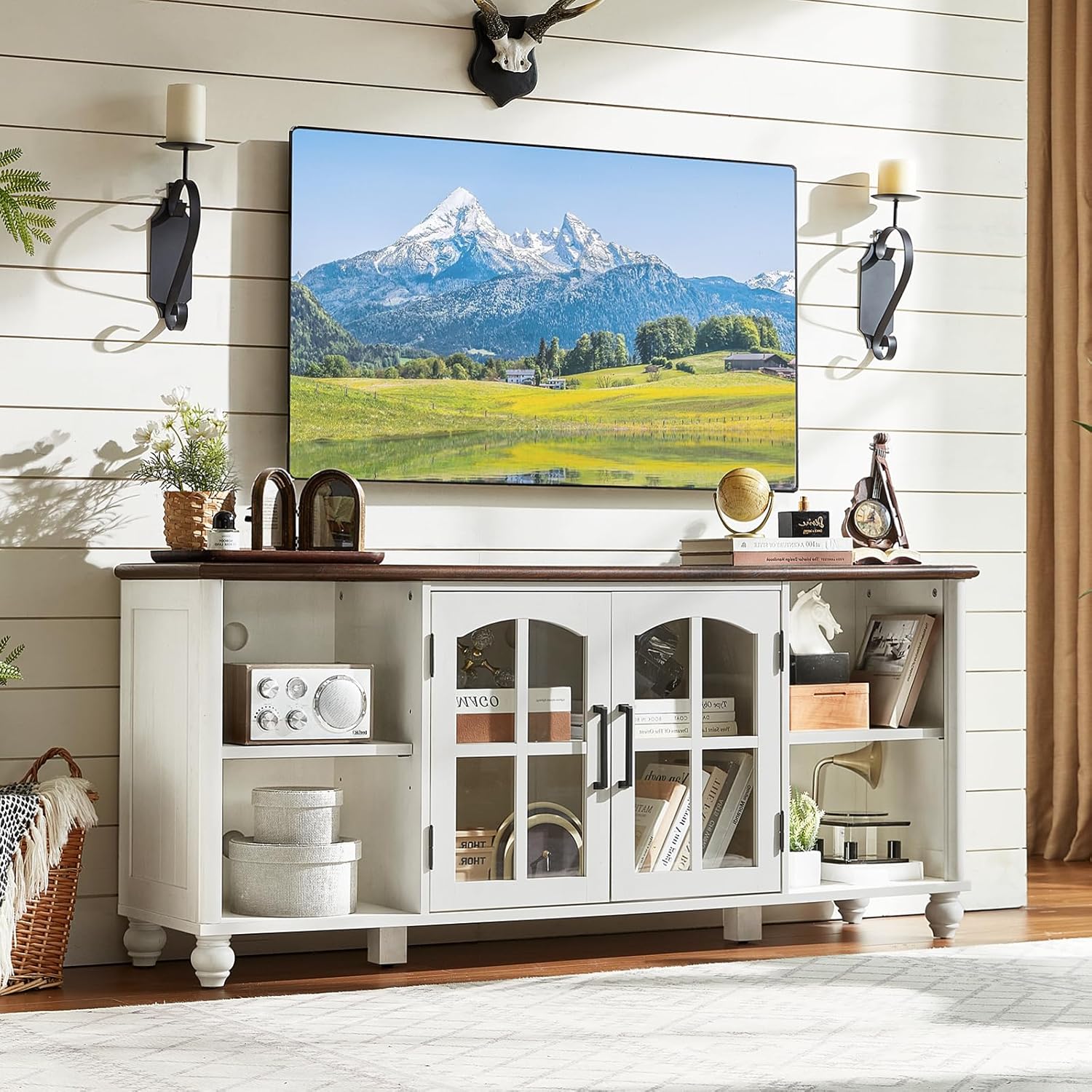 Farmhouse TV Stand for 60 Inch TV, Wood Entertainment Center with Glass Door Storage Cabinet & Adjustable Shelves,Television Stands for 65