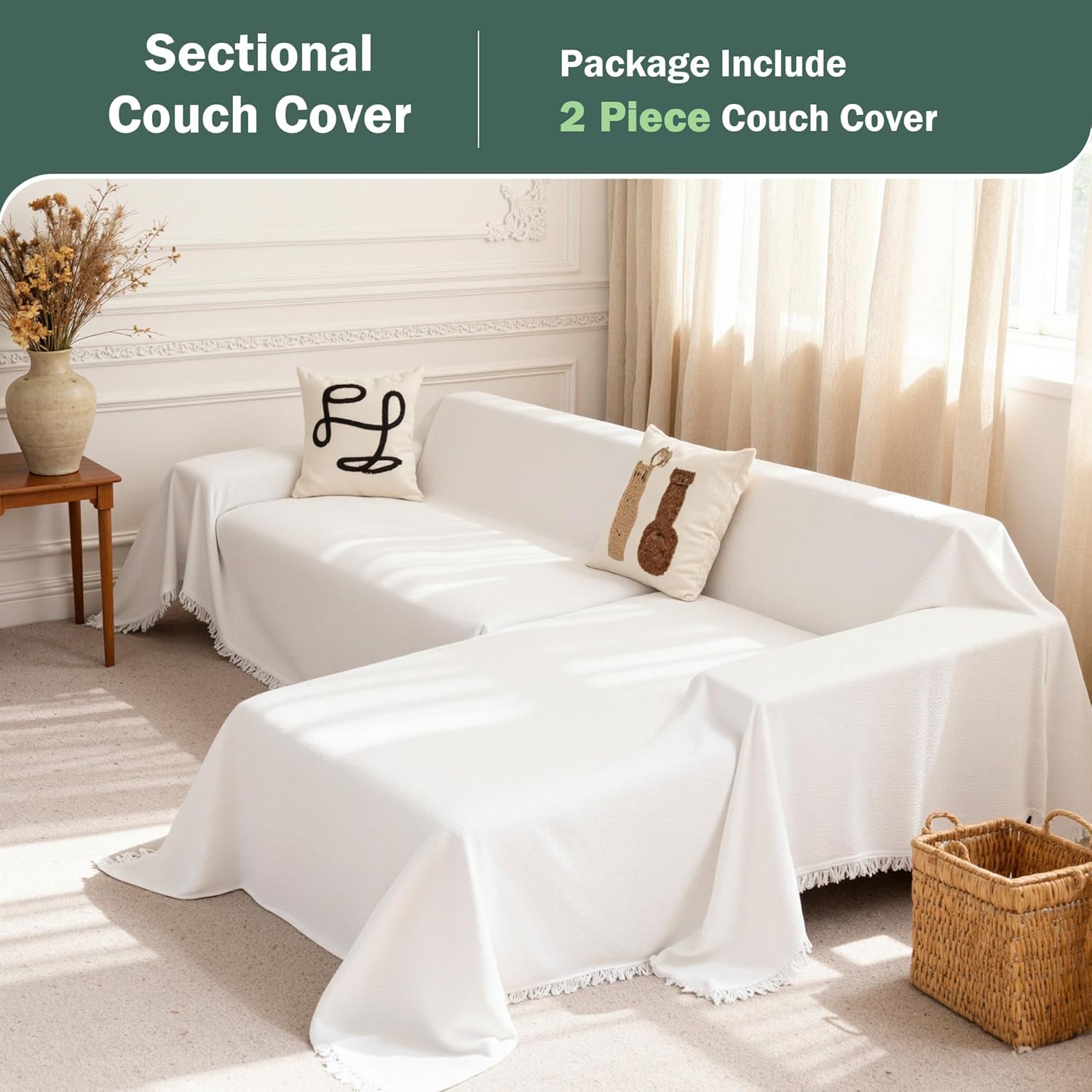 MEETSKY L Shaped Sectional Couch Covers, 2 Pieces Chenille Washable White Sofa Covers, Furniture Protector Sofa Throw Cove for Pets, Sofa Slipcover for 3-4 Cushion Couch (XX-Large, 71