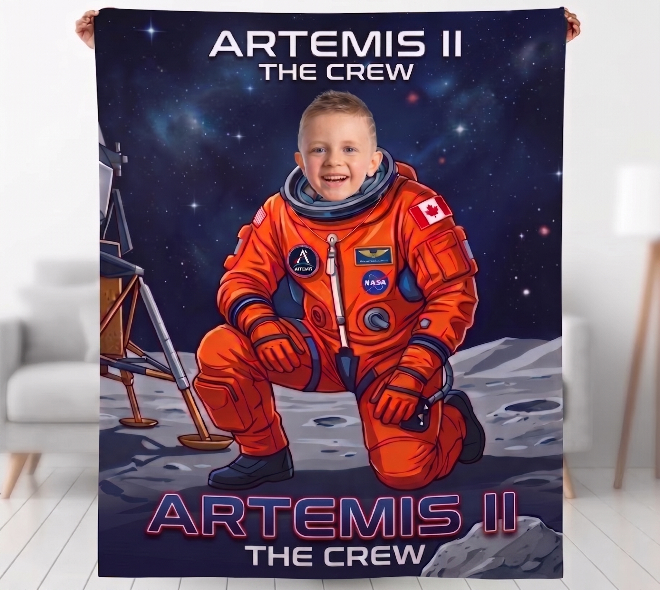 Full view of custom Artemis II space crew blanket featuring a boy's face on the moon