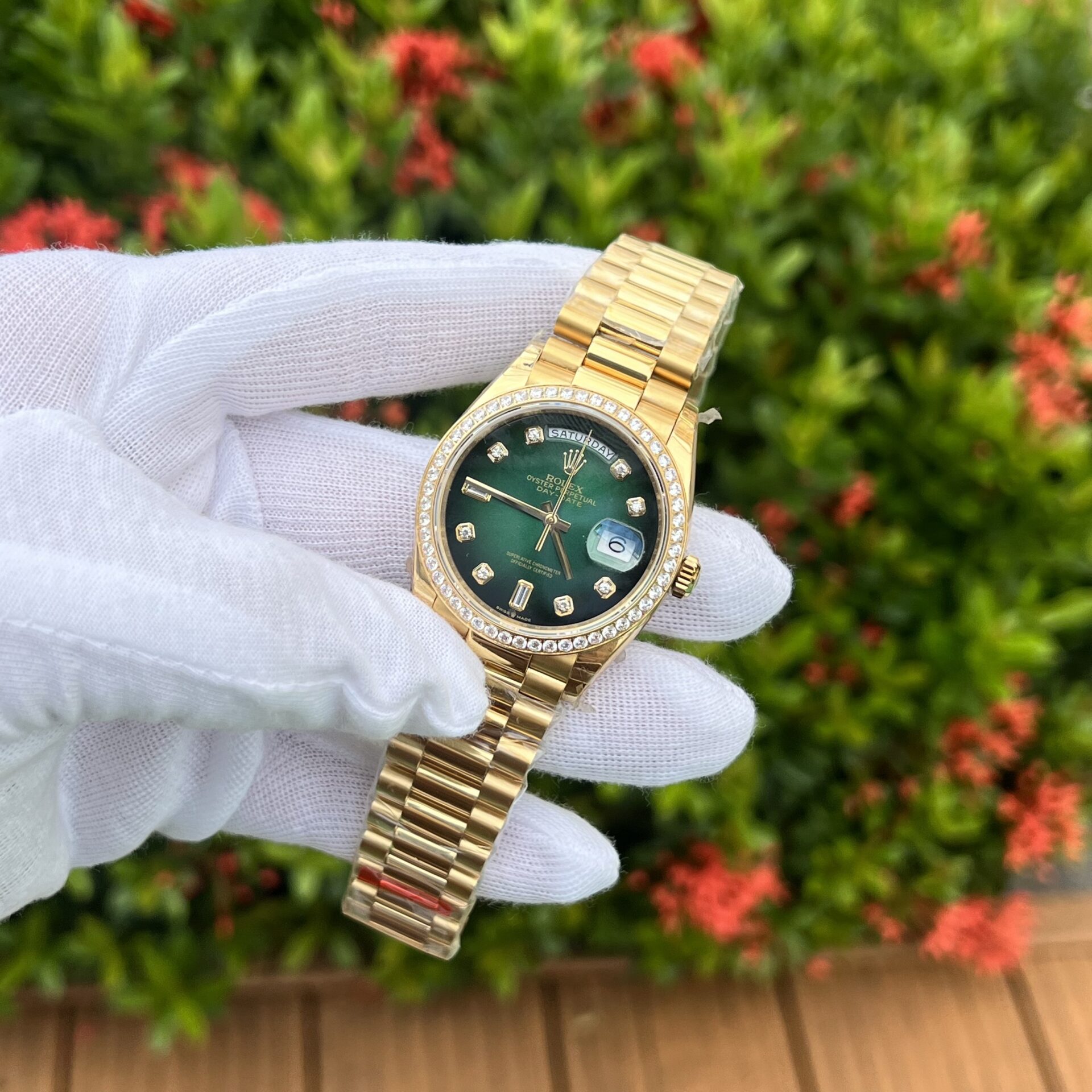 Rolex Day-Date 128348RBR Ombre Green Dial Replica Watch EW 36mm - Elite Watch Atelier