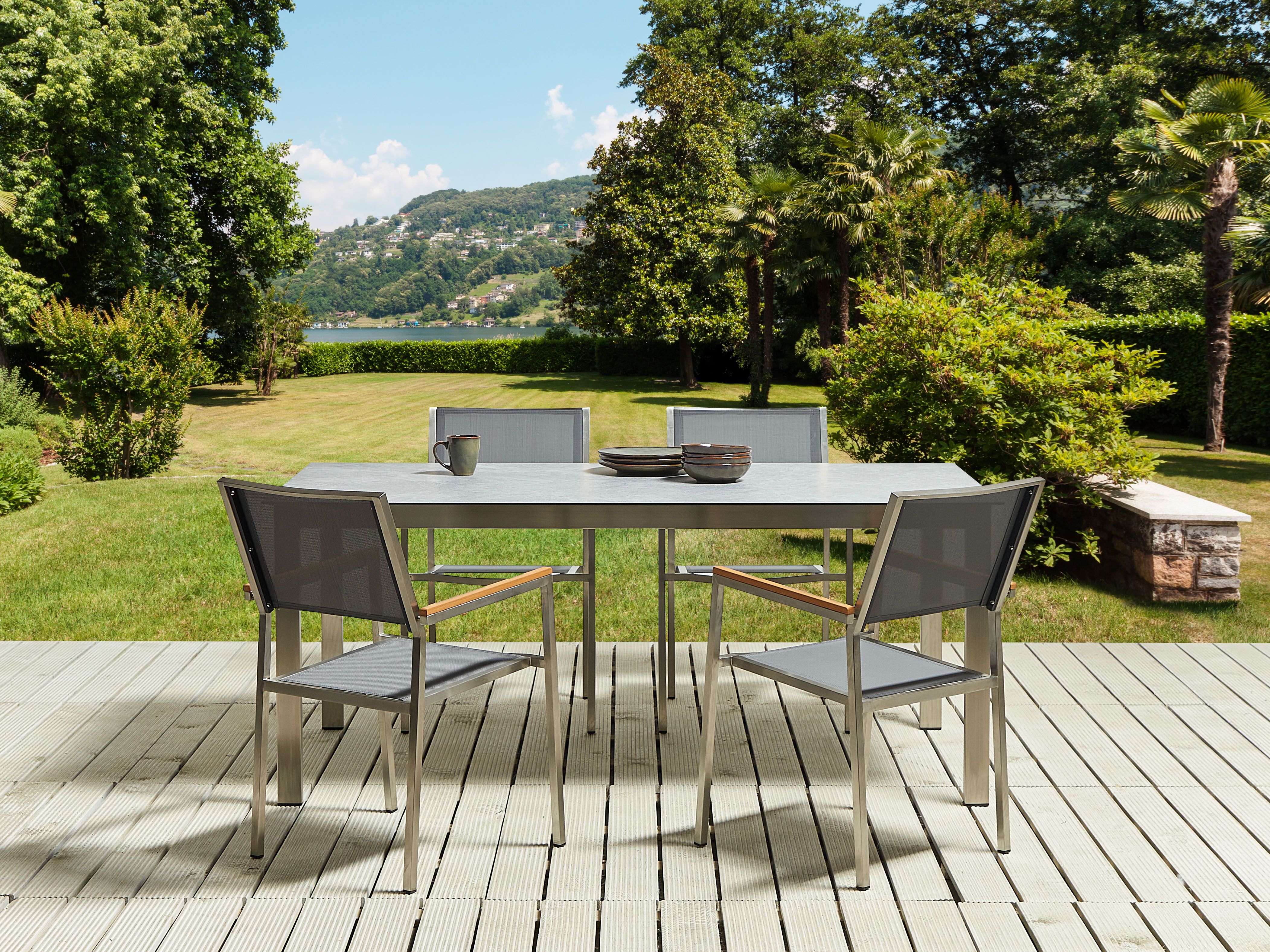 Garden Dining Set 4 Seater COSOLETO/GROSSETO Tempered Glass Marble Effect Grey