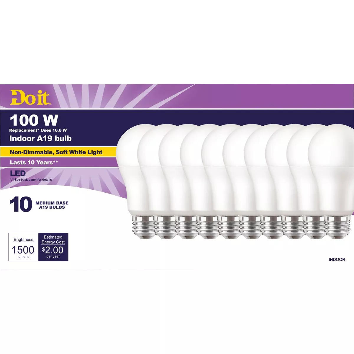 Do it 100W Equivalent Soft White A19 Medium LED Light Bulb, Title 20 (10-Pack)